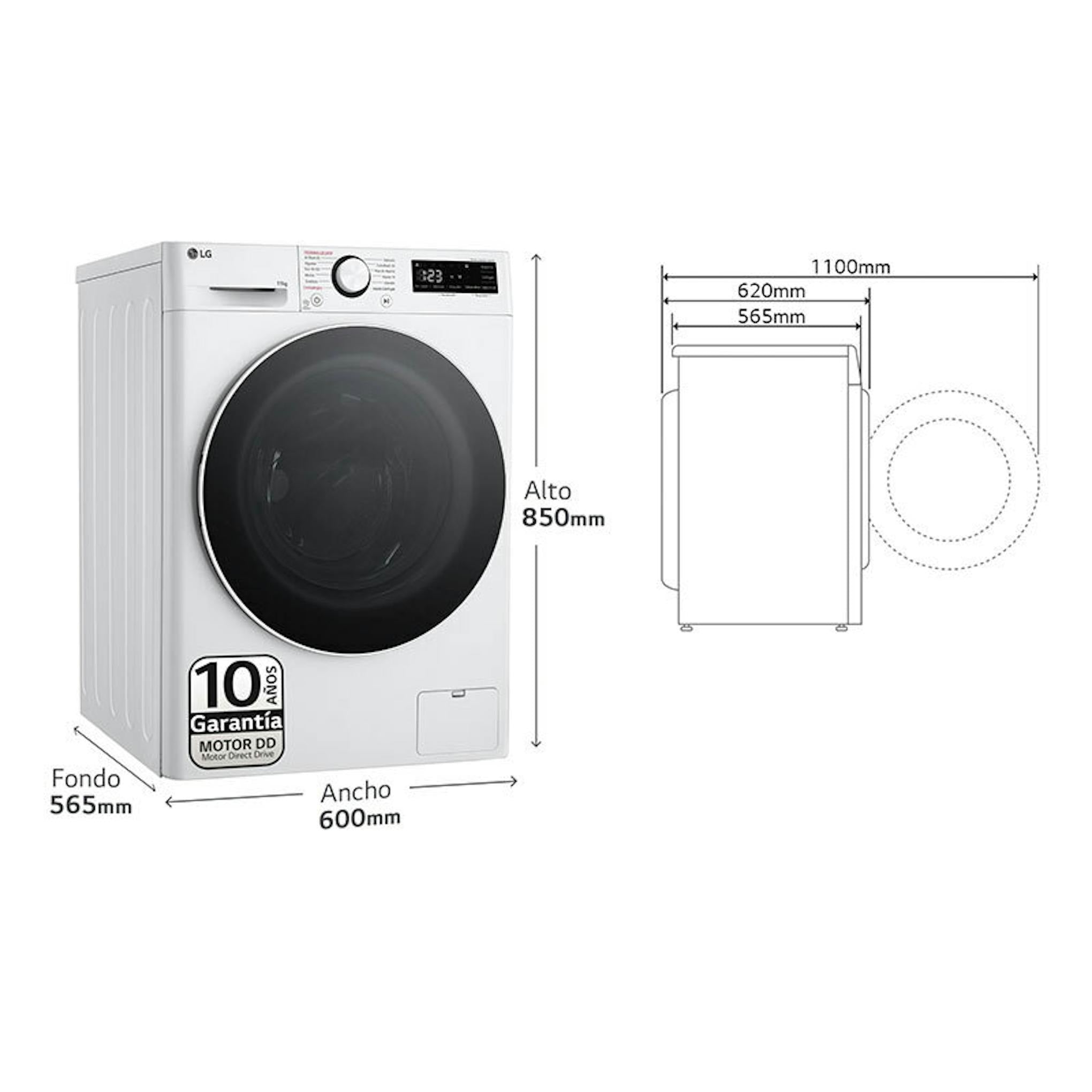 Lavadora LG F4WR6011A0W blanca con puerta frontal y esquema de dimensiones