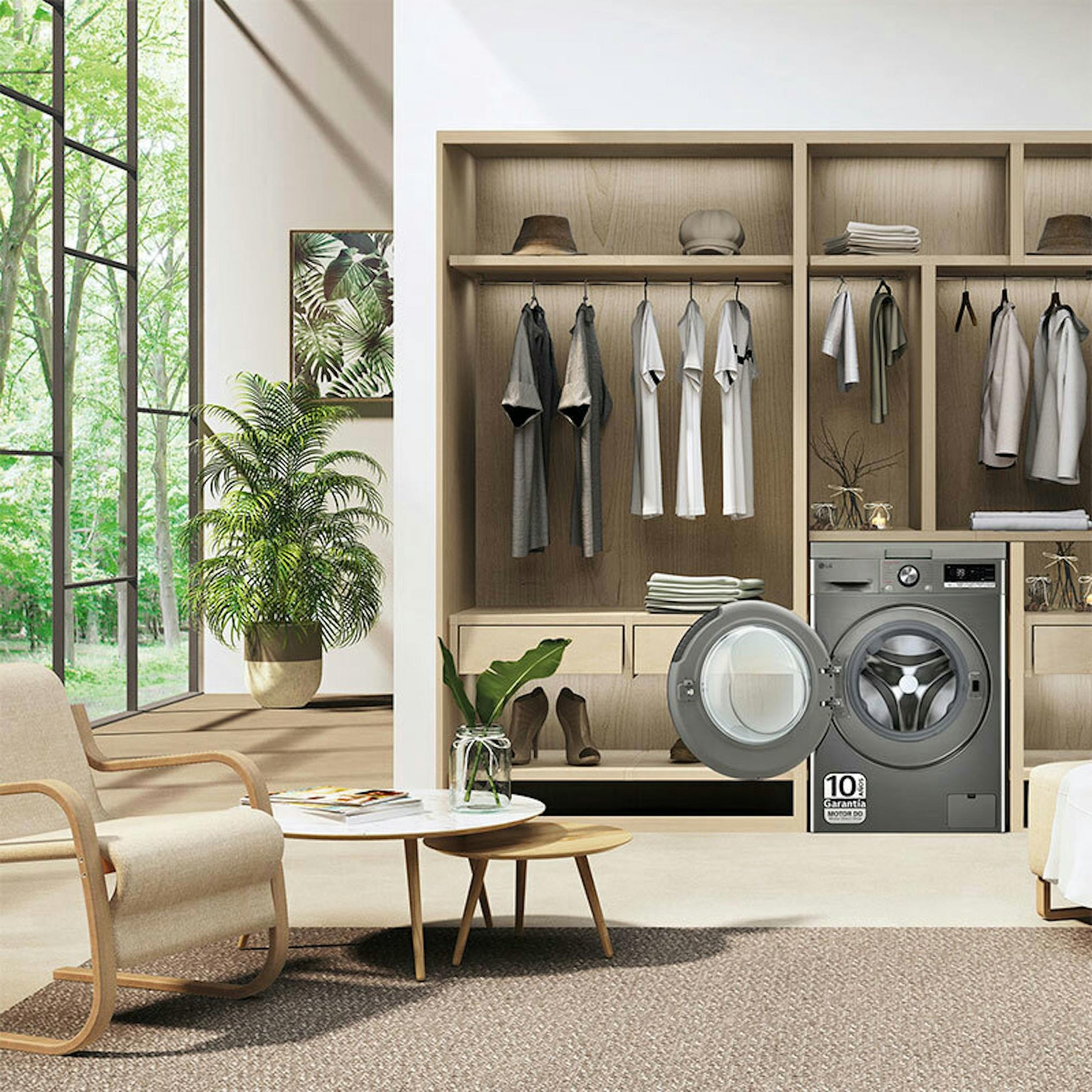 Lavadora LG F4WR7010AGS en un vestidor, con la puerta abierta