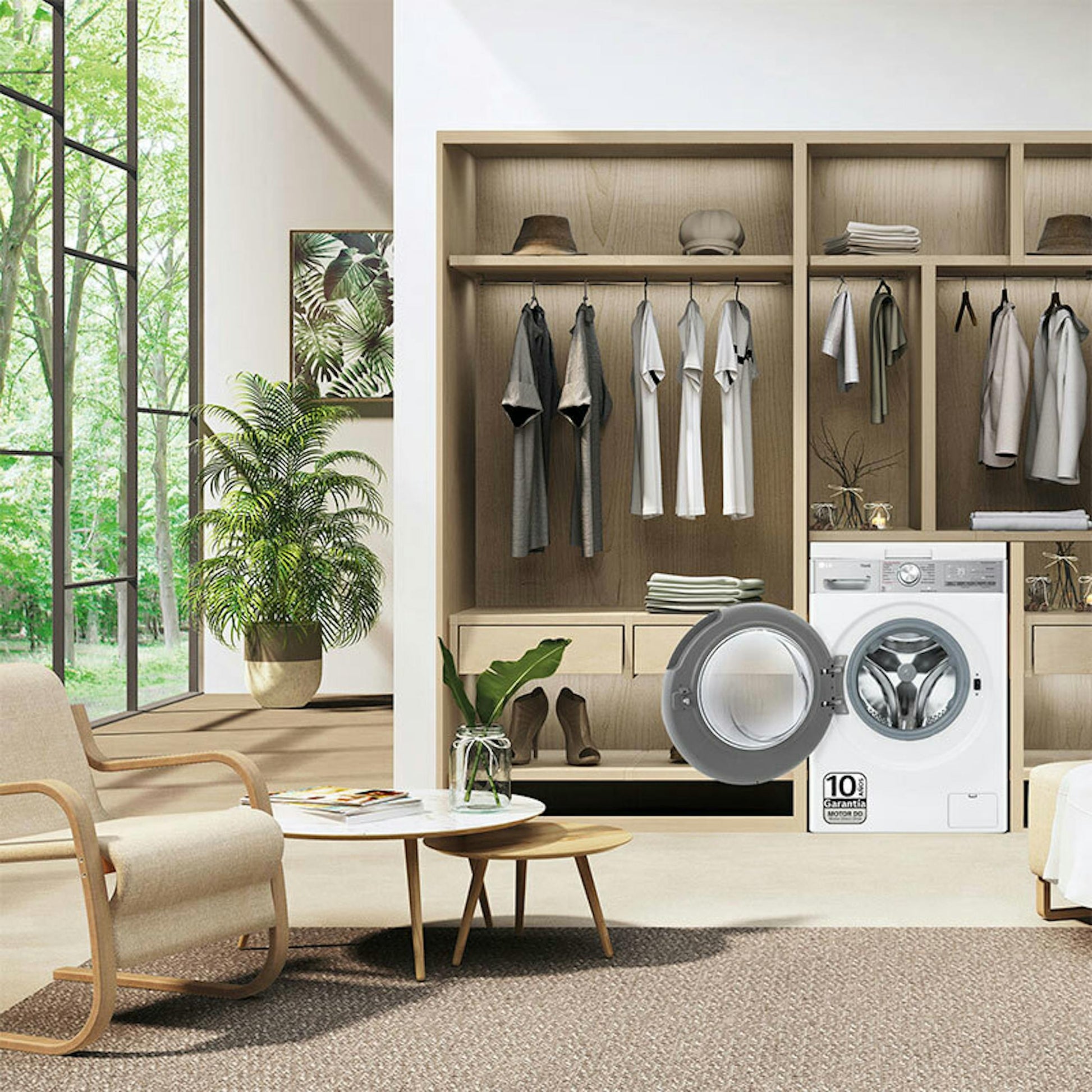 Lavadora LG F4WR9009A2W blanca de carga frontal con la puerta abierta