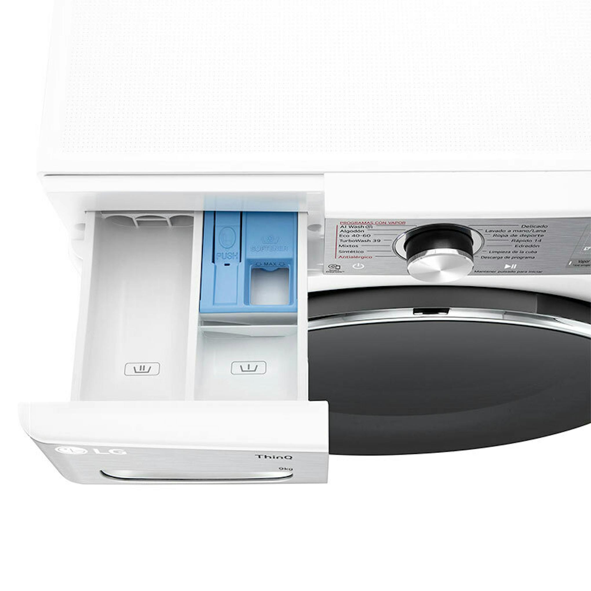 Lavadora LG F4WR9009A2W de carga frontal con cajón de detergente abierto