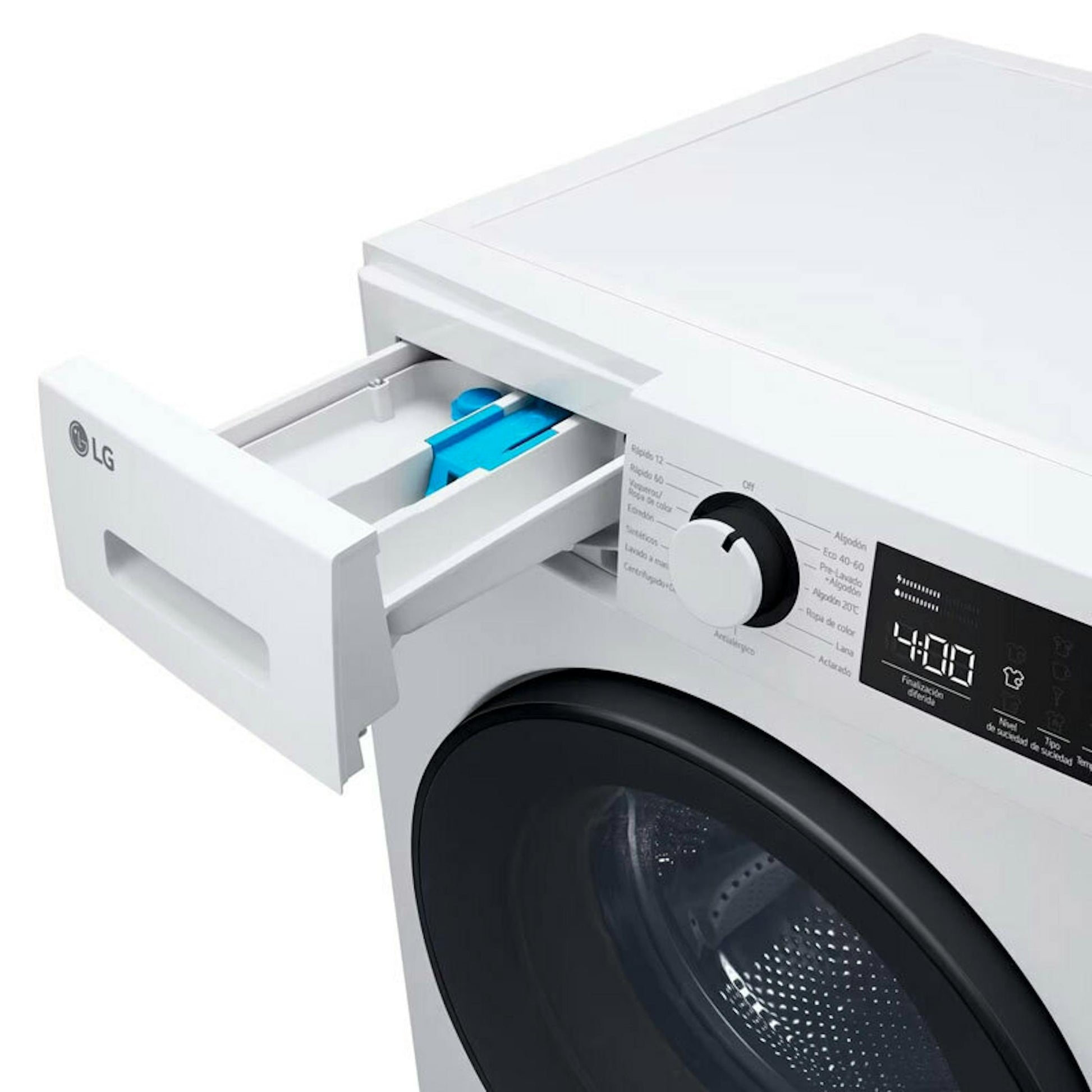 Lavadora LG F4WT2009S3W blanca con cajón abierto y panel frontal visible