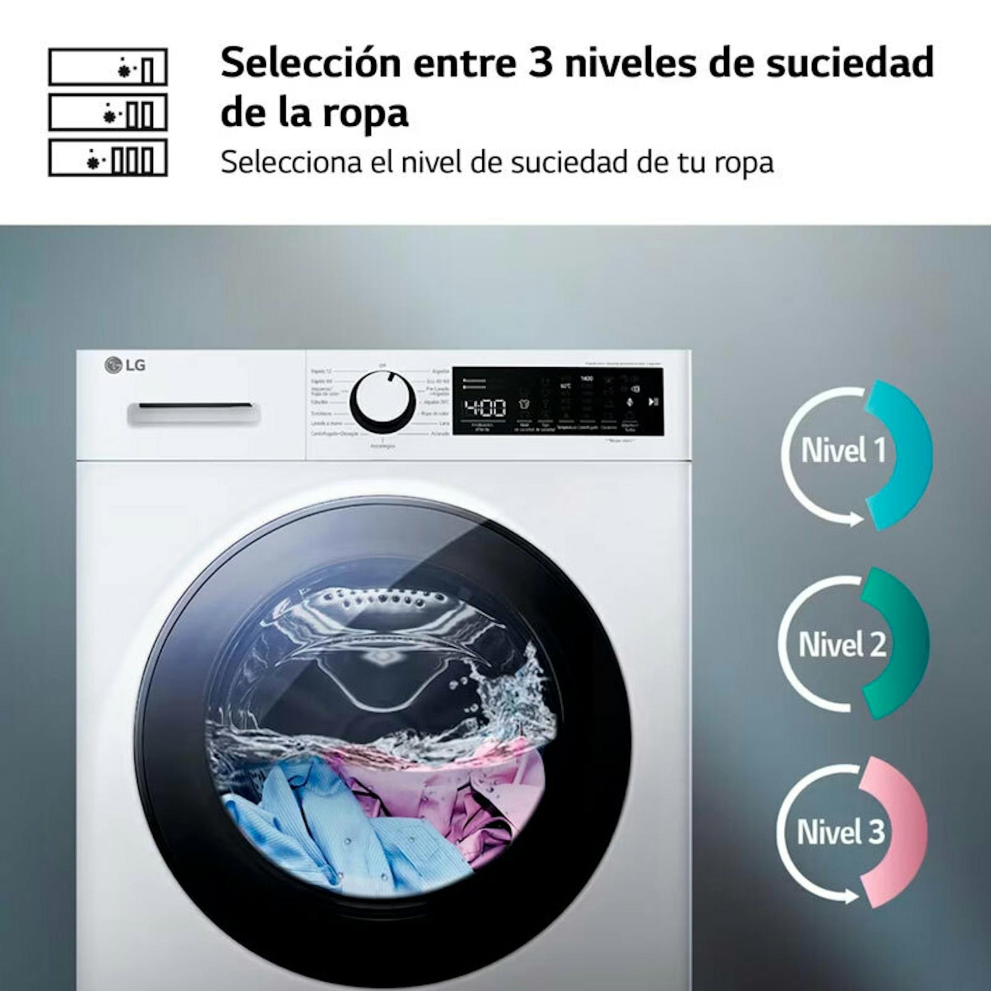 Lavadora LG F4WT2009S3W blanca de carga frontal, con pantalla y tambor visible