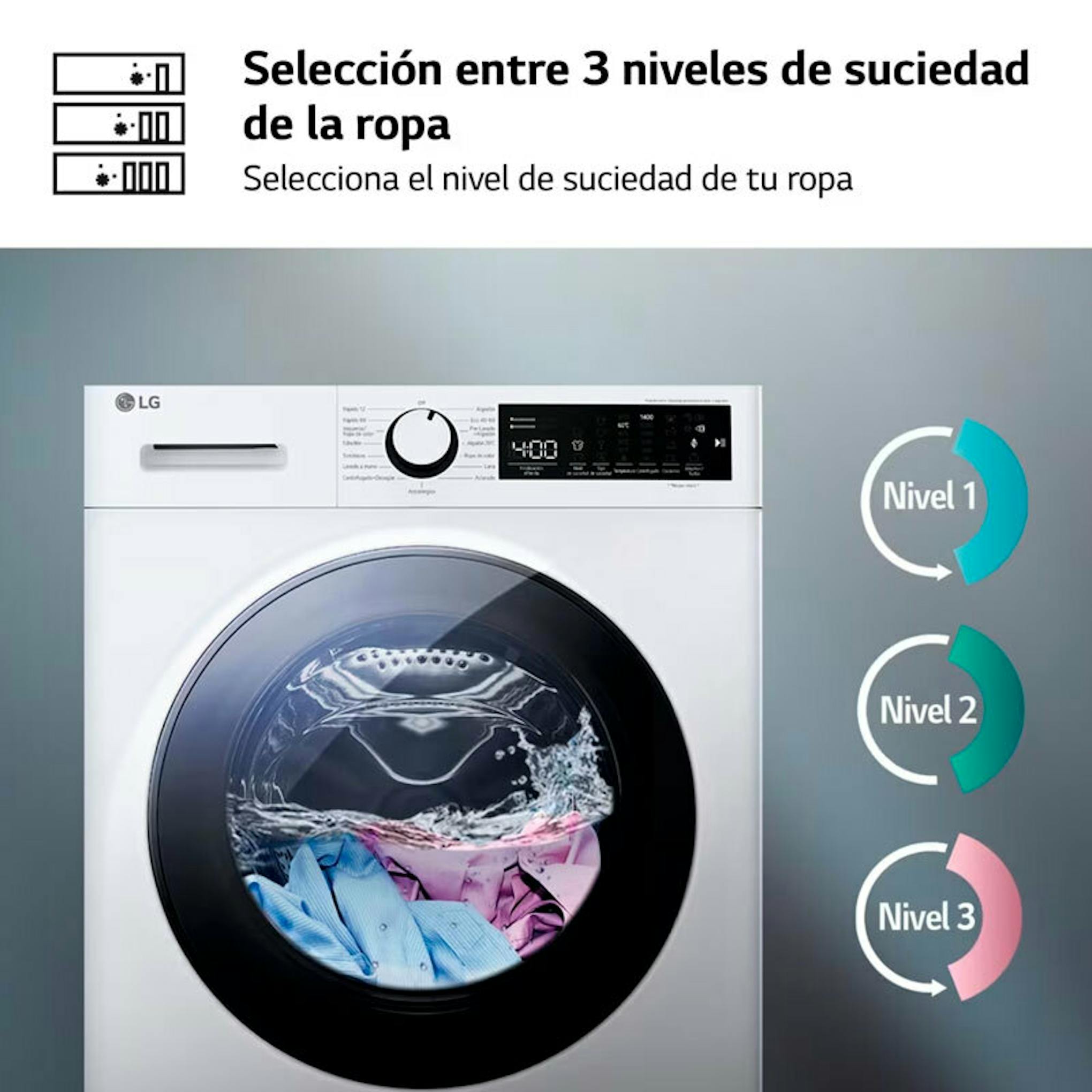Lavadora LG F4WT2009S3W blanca de carga frontal, con pantalla y tambor visible
