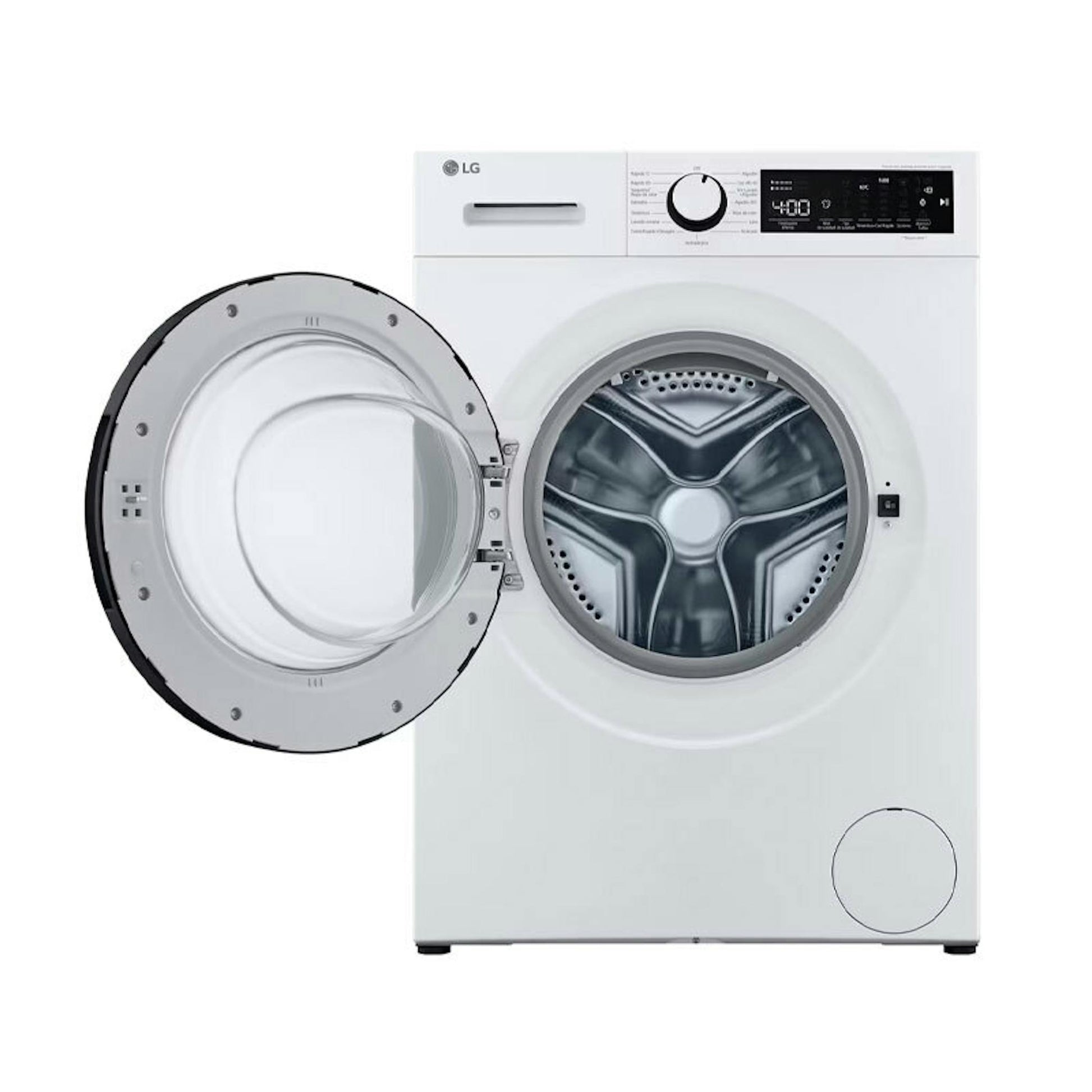 Lavadora LG F4WT2009S3W blanca con puerta abierta y tambor visible
