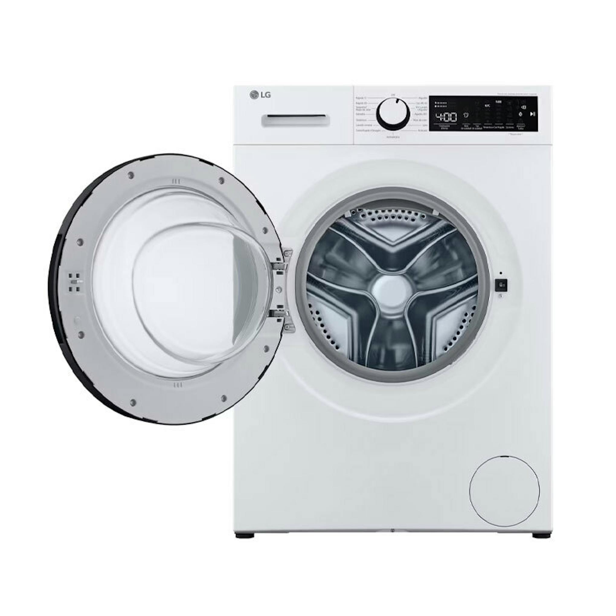 Lavadora LG F4WT2009S3W blanca con puerta abierta y tambor visible