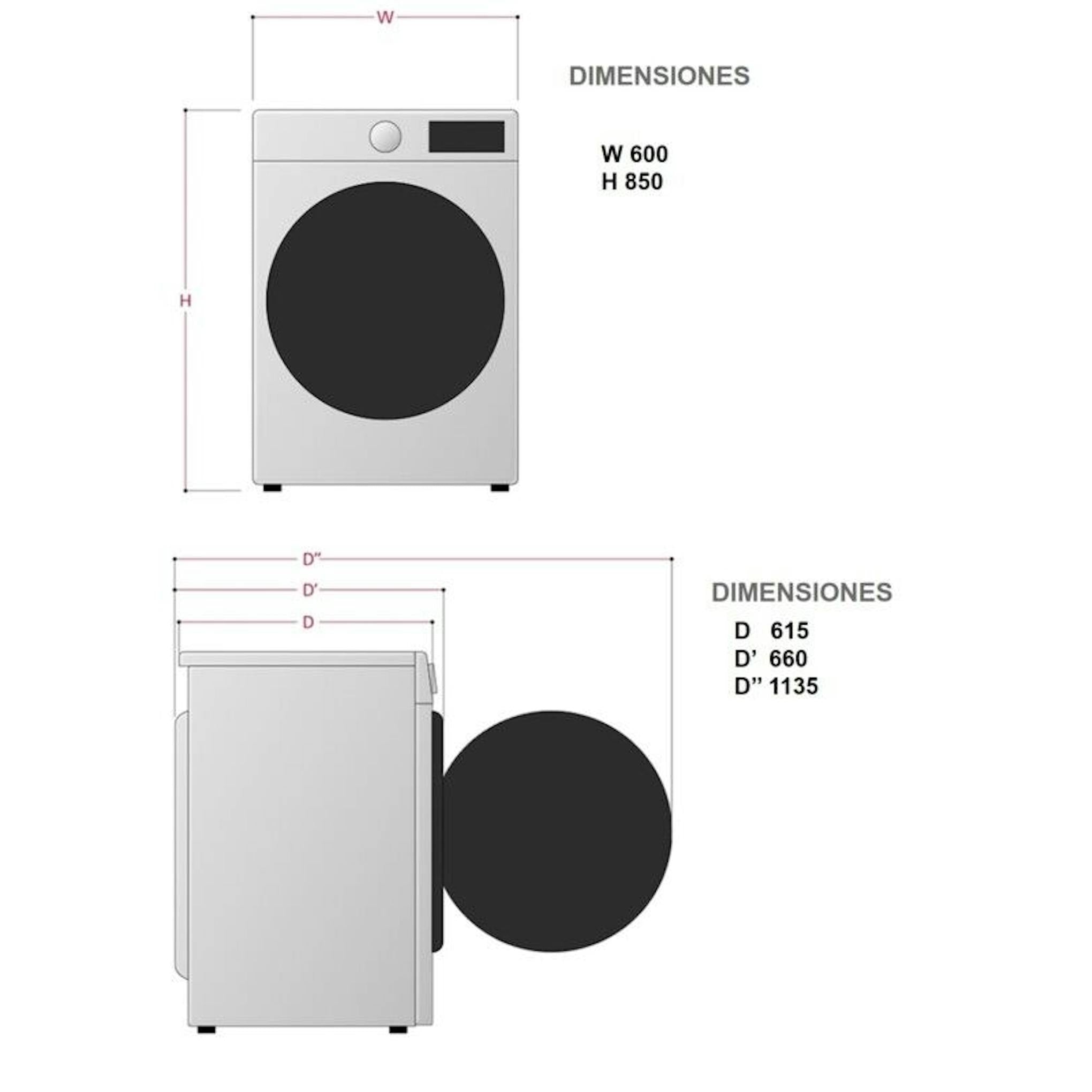 Diagrama de dimensiones de la lavadora LG F4WV5012S0W con vista frontal y lateral