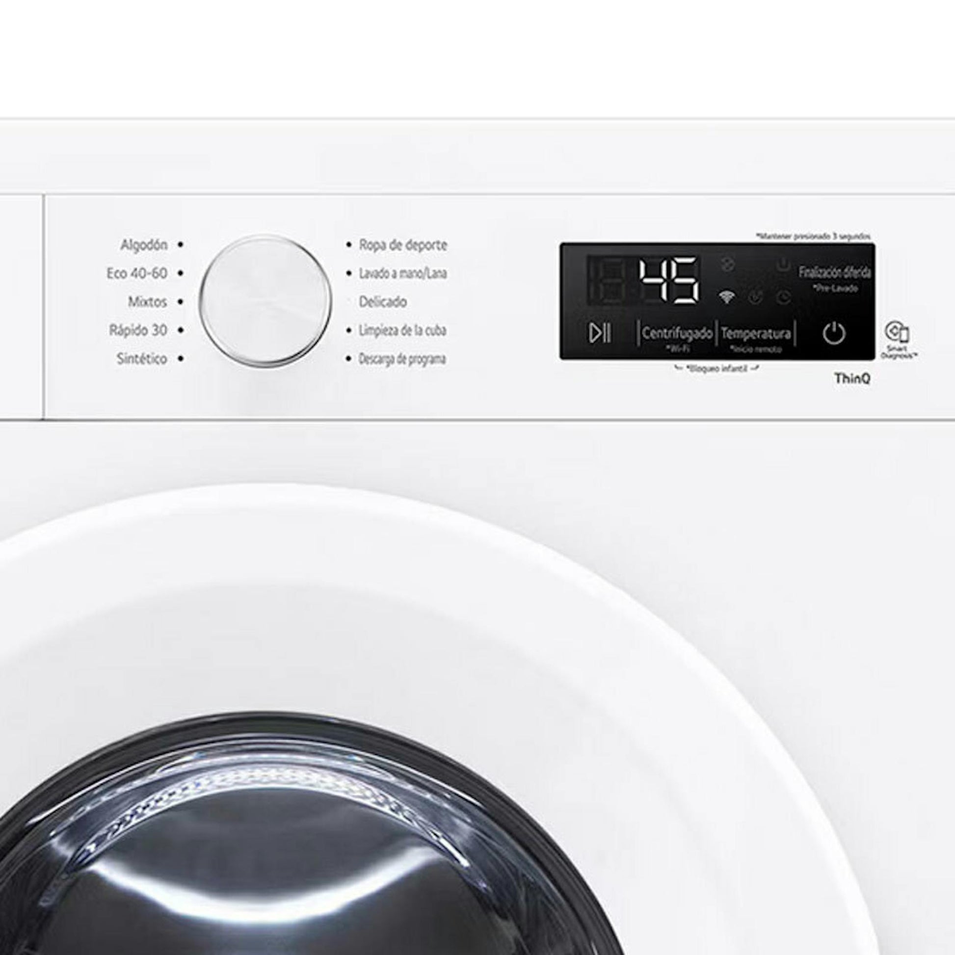 Detalle de la lavadora LG F4X1008NWH blanca con panel de control y puerta frontal