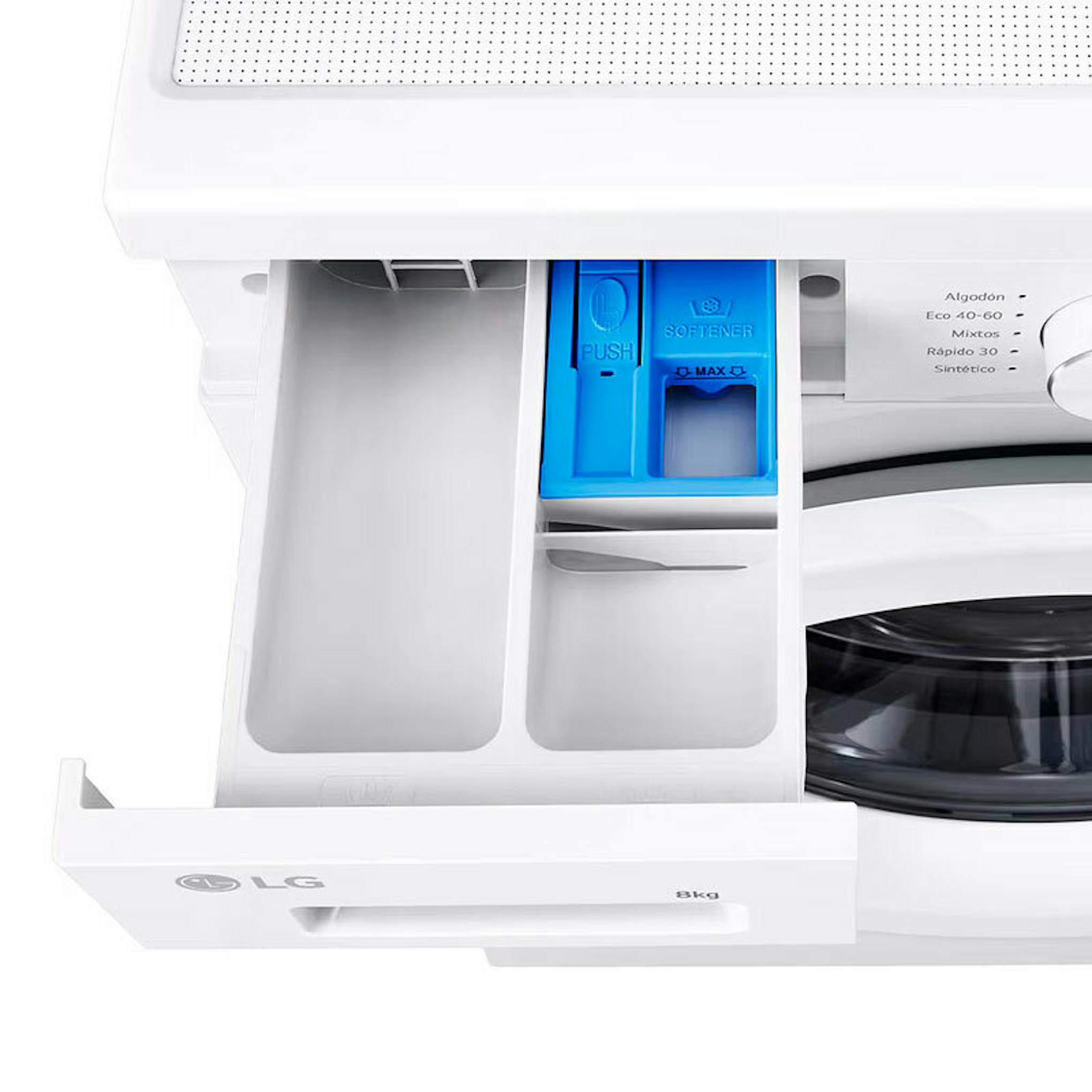 Detalle del cajetín de detergente de la lavadora LG F4X1008NWH