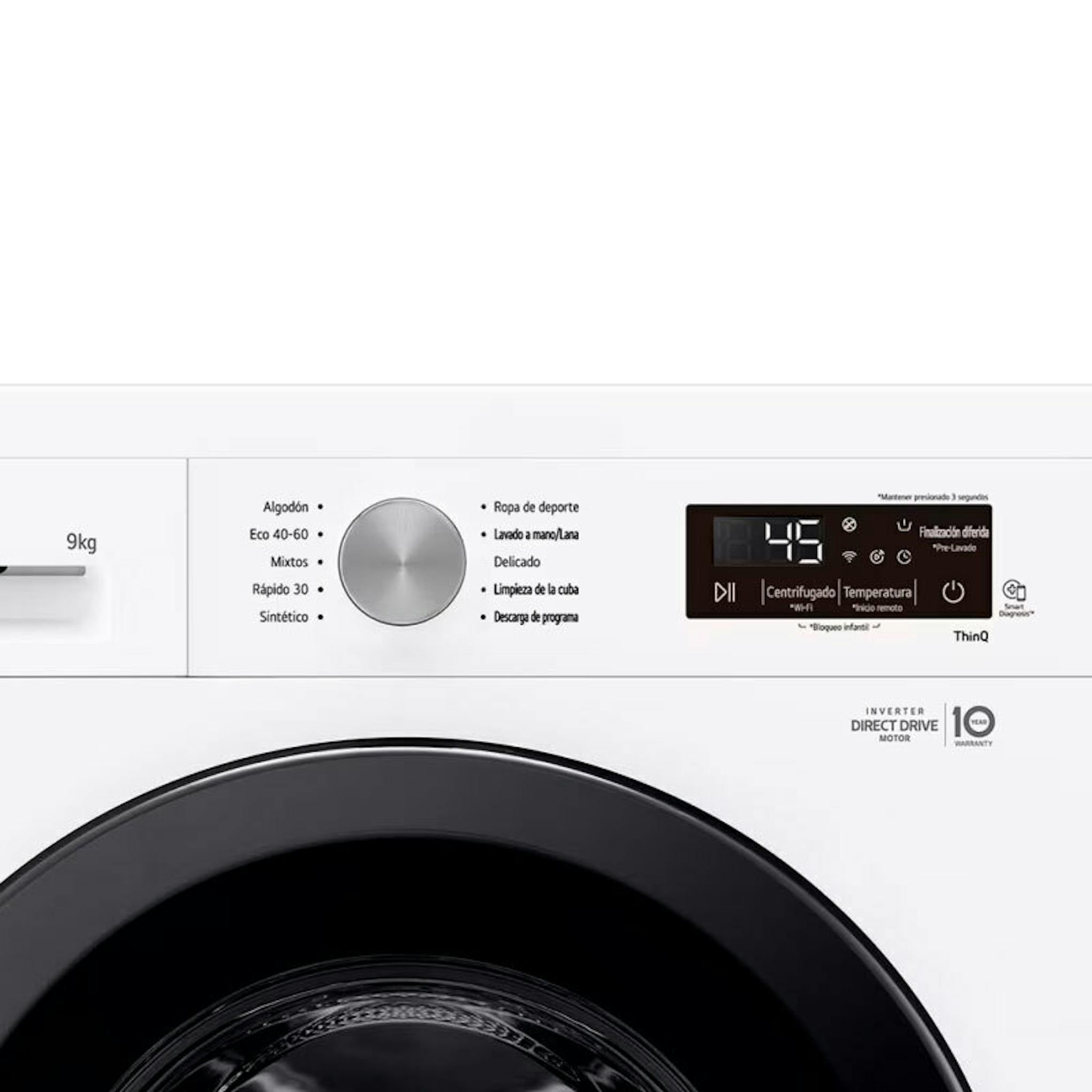 Lavadora LG F4X1009NWK frontal blanca con panel de control y puerta parcialmente visible