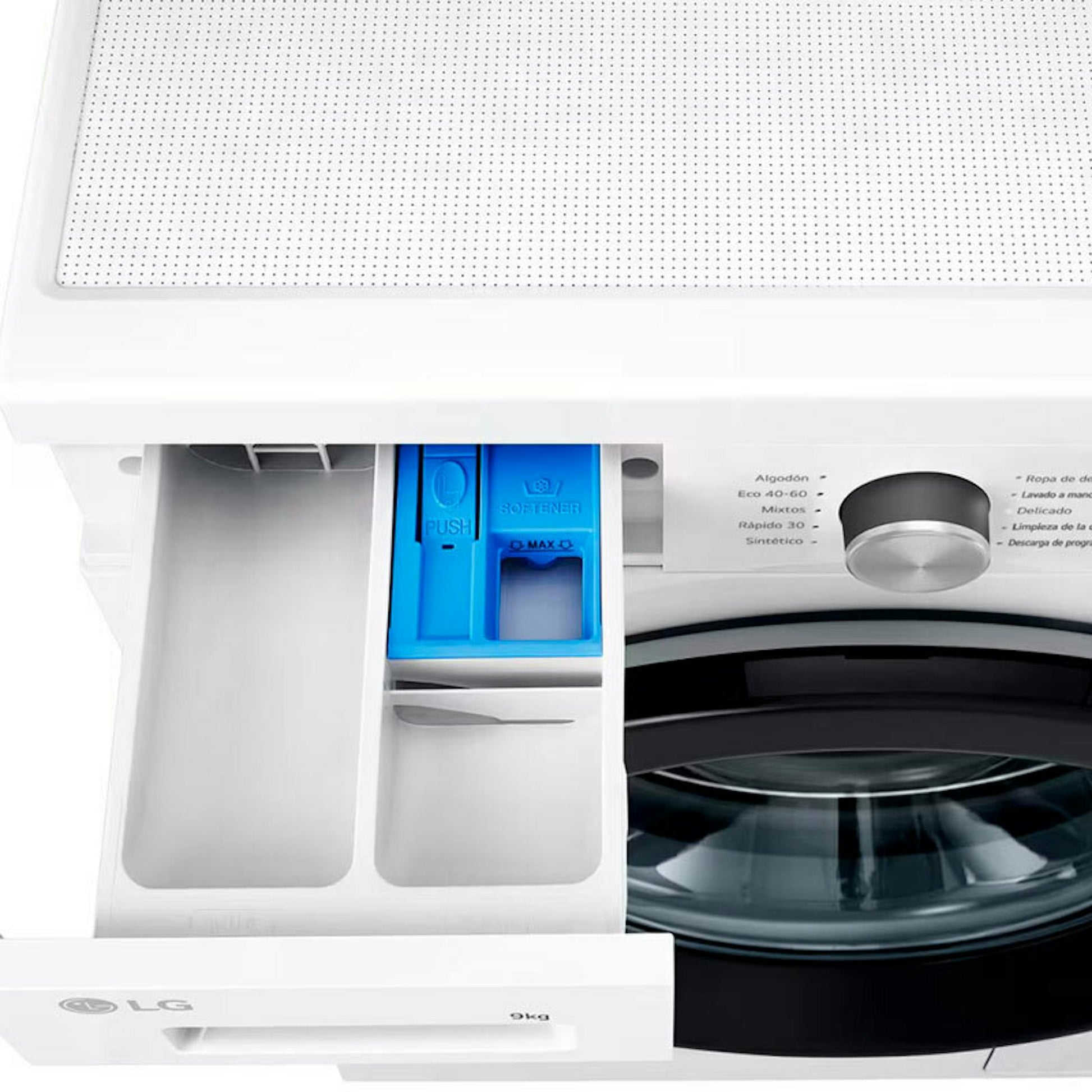 Lavadora LG F4X1009NWK con cajetín de detergente y puerta frontal