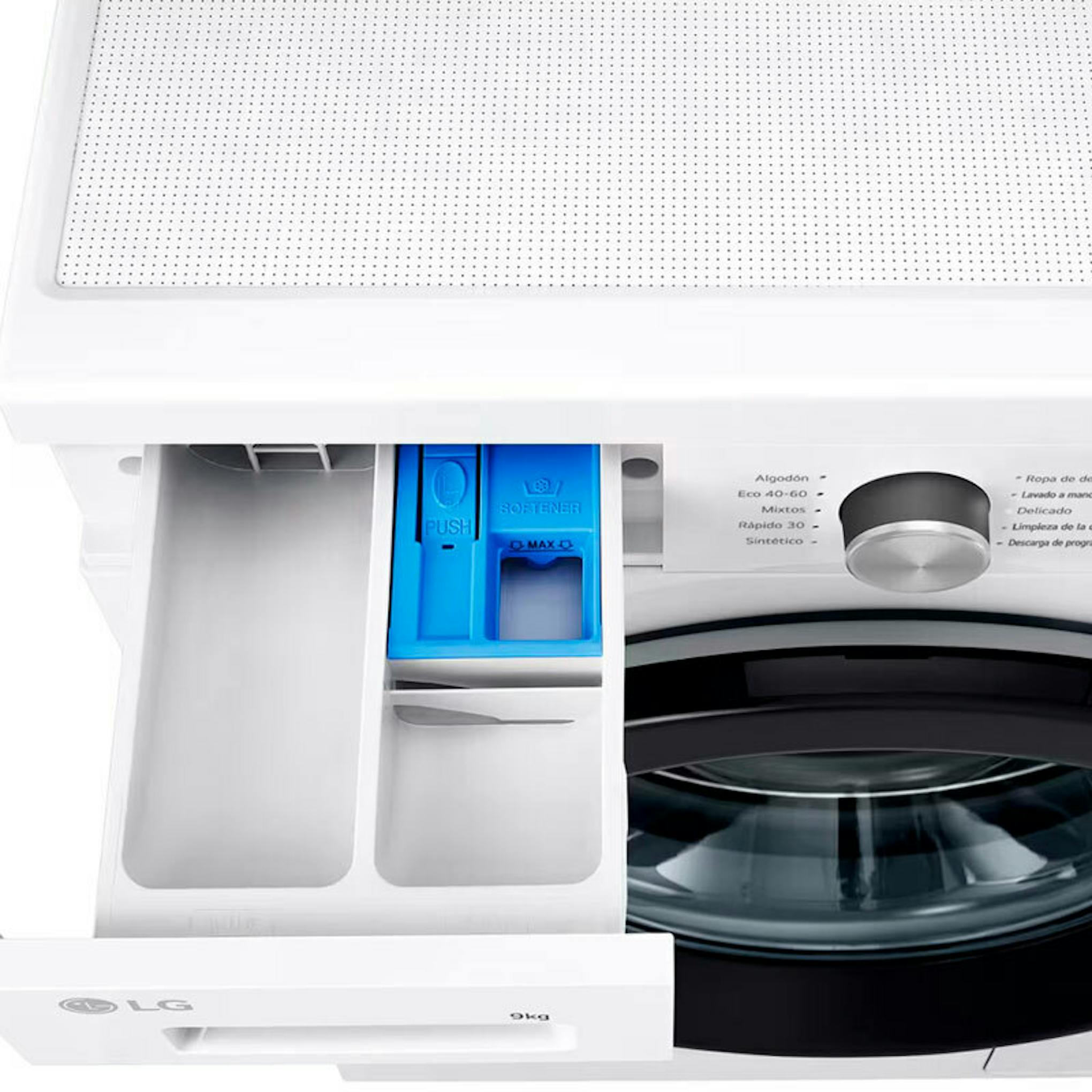 Lavadora LG F4X1009NWK con cajetín de detergente y puerta frontal