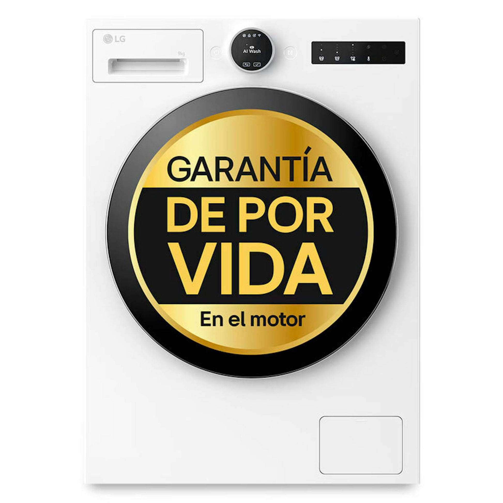 Lavadora de carga frontal LG F4X9009TWCE blanca con distintivo de garantía de por vida en el motor