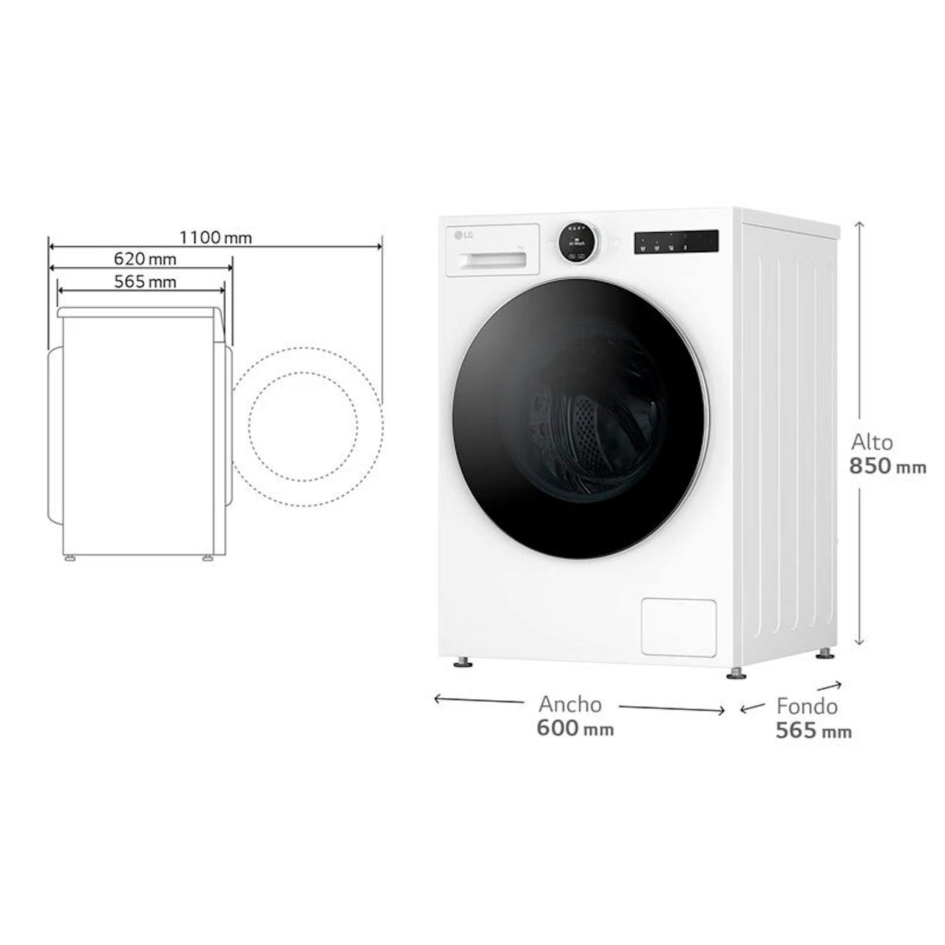 Lavadora de carga frontal LG F4X9009TWCE blanca con medidas y vista frontal