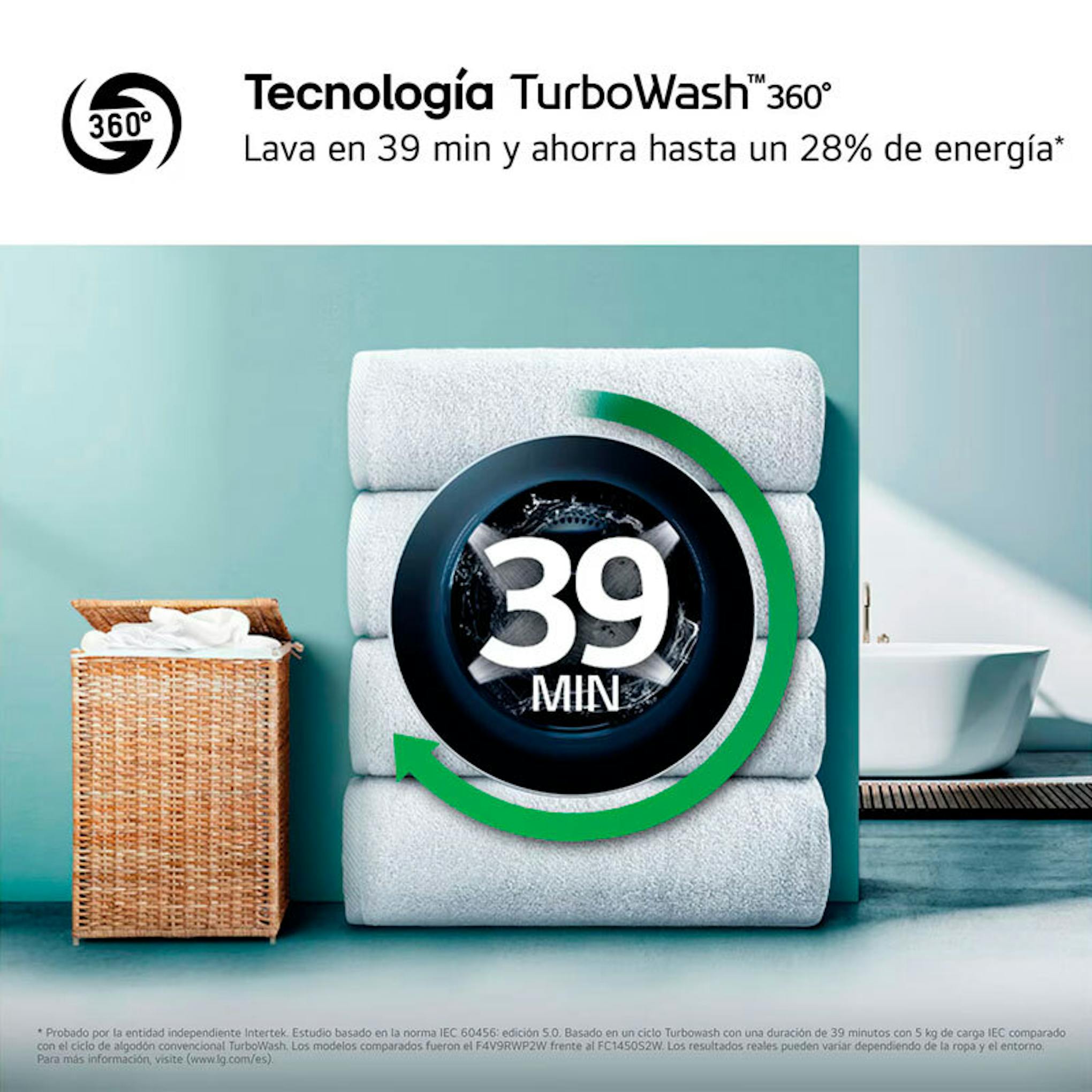 Lavadora LG F4X9009TWCE con tecnología TurboWash 360, toallas y cesta de ropa