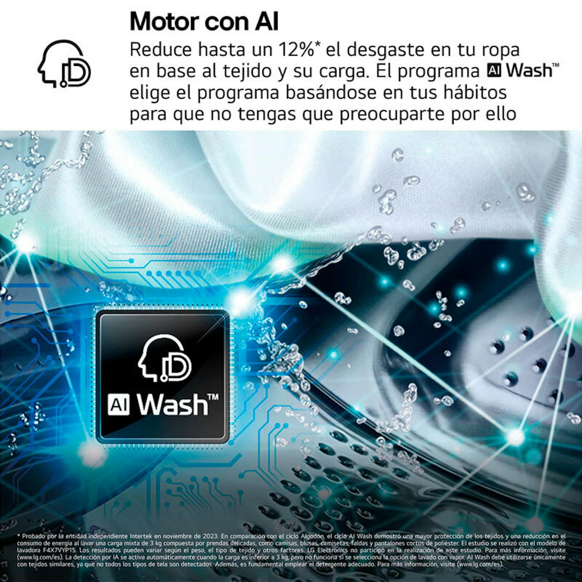 Gráfico promocional de la lavadora LG F4X9009TWCE con texto sobre Motor con AI y AI Wash, y detalle del tambor