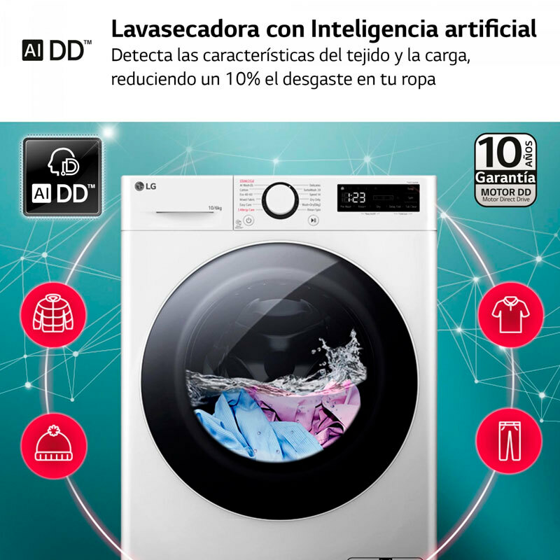 Lavasecadora LG F4DR6010A0W – 10 kg lavado, 6 kg secado, AI Direct Drive (10 años)