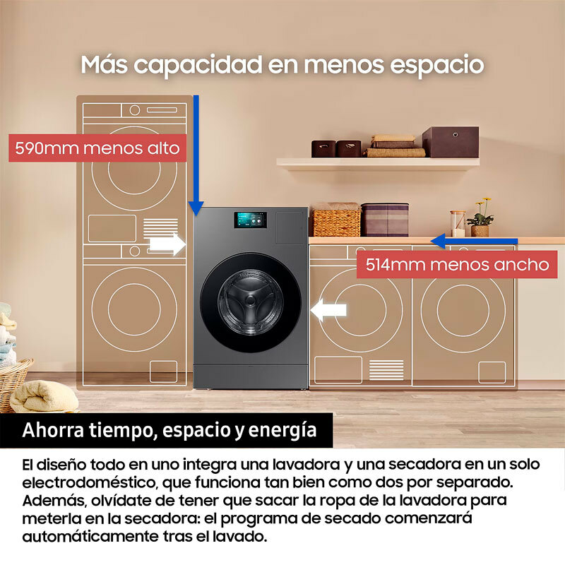 Lavasecadora Samsung WD18DB8995BZT2 – 18/11 kg, AI Opti Wash & Dry, Bomba de calor