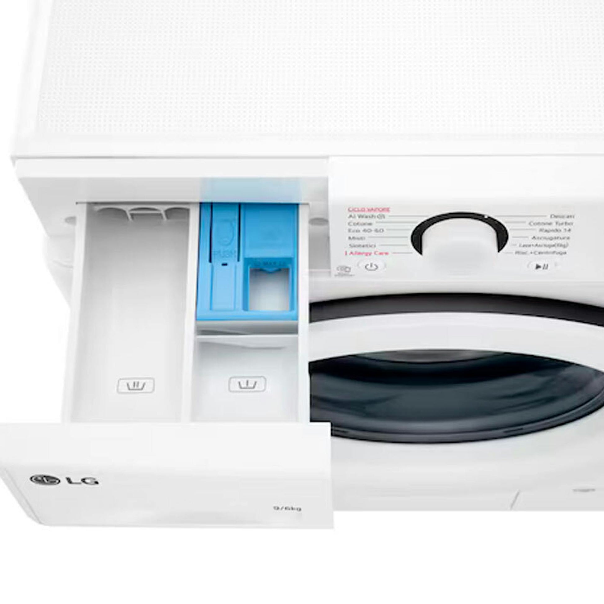 Lavasecadora LG F4DR5009A3W con el cajetín del detergente abierto