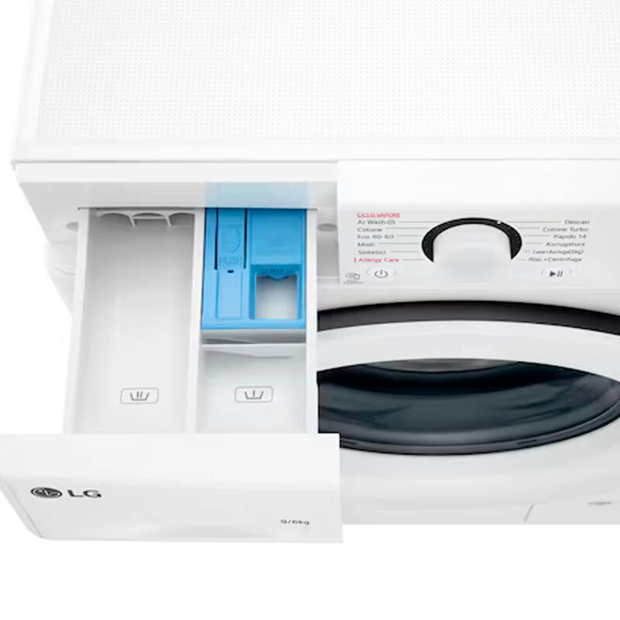 Lavasecadora LG F4DR5009A3W con el cajetín del detergente abierto