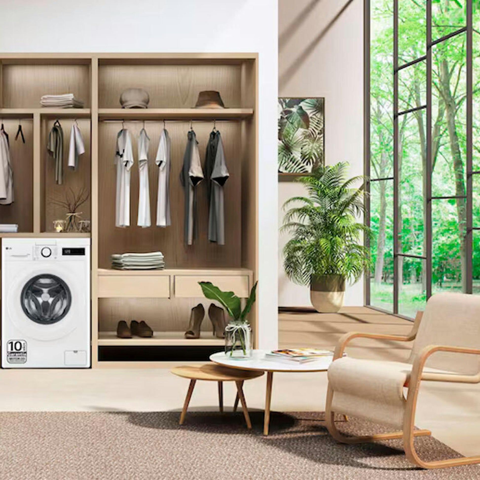 Lavasecadora LG F4DR5009A3W blanca en un armario