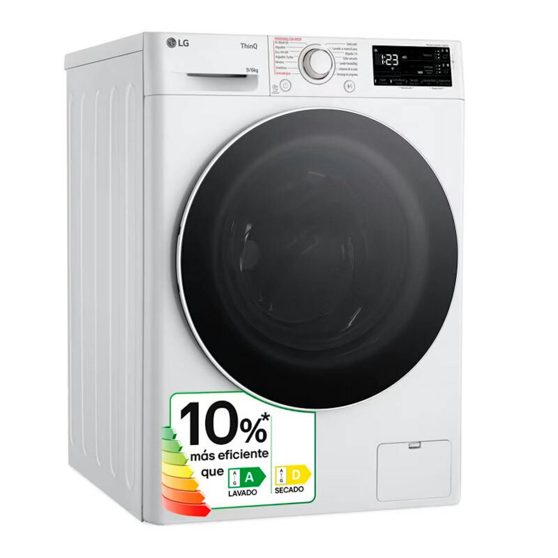 Lavasecadora LG F4DR5509A0W blanca con puerta negra y panel digital