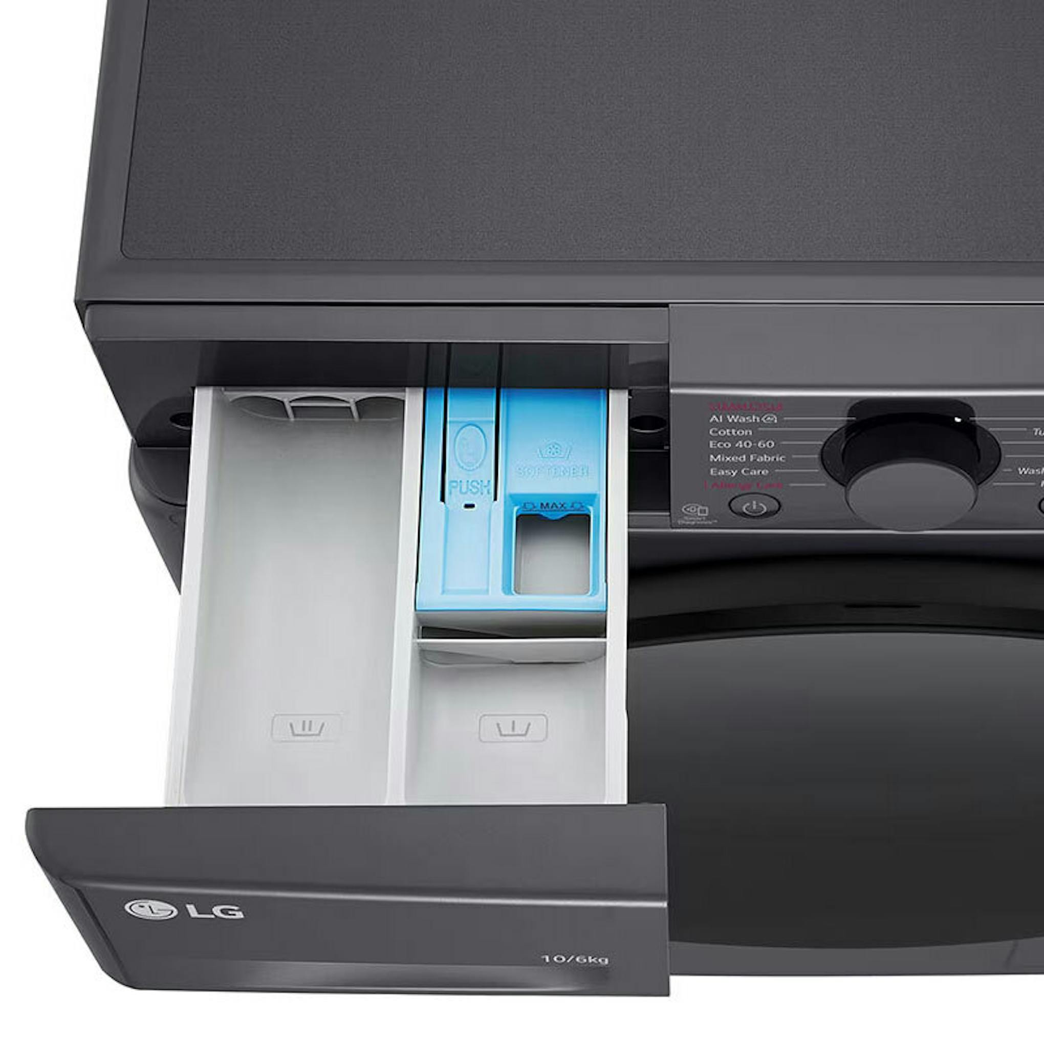 Detalle del cajón dispensador de la lavasecadora LG F4DR6010AGM