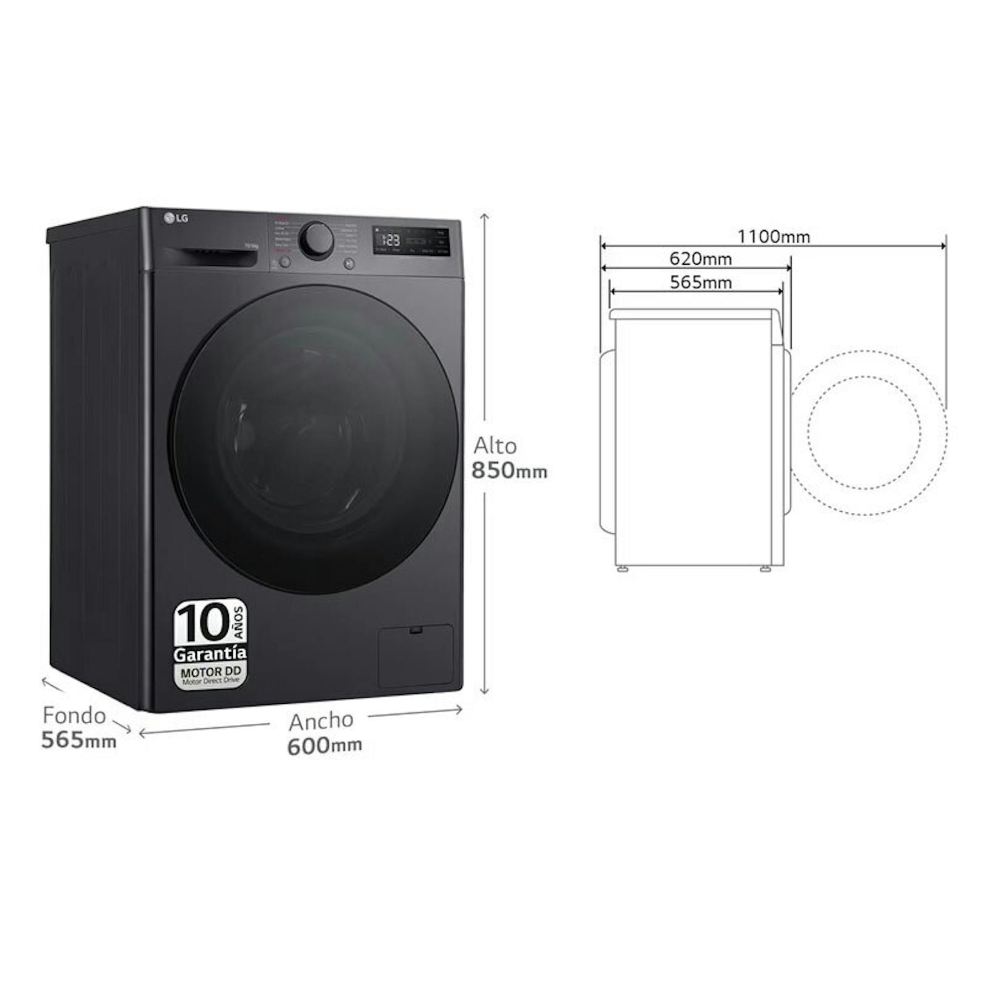 Lavasecadora LG F4DR6010AGM negra con esquema de medidas
