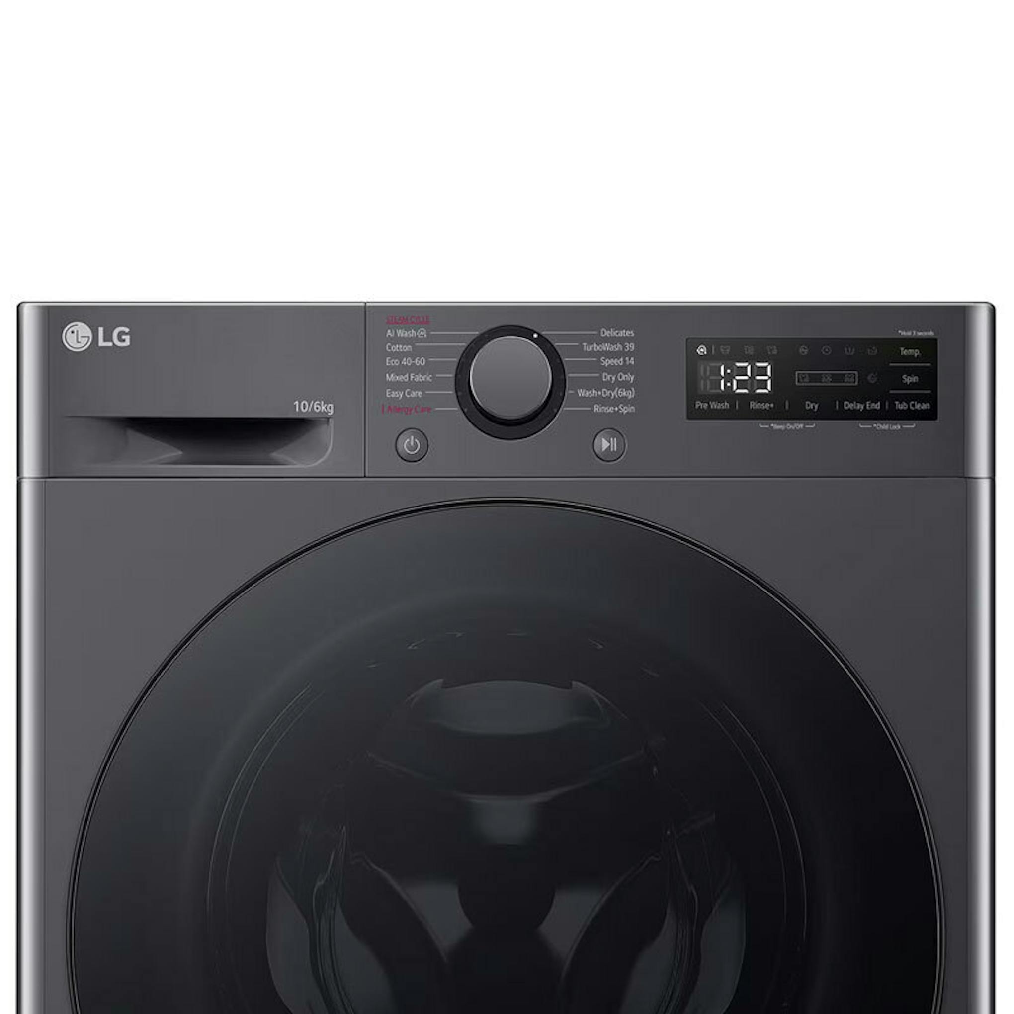 Lavasecadora LG F4DR6010AGM frontal en color gris, con panel de control y puerta circular.