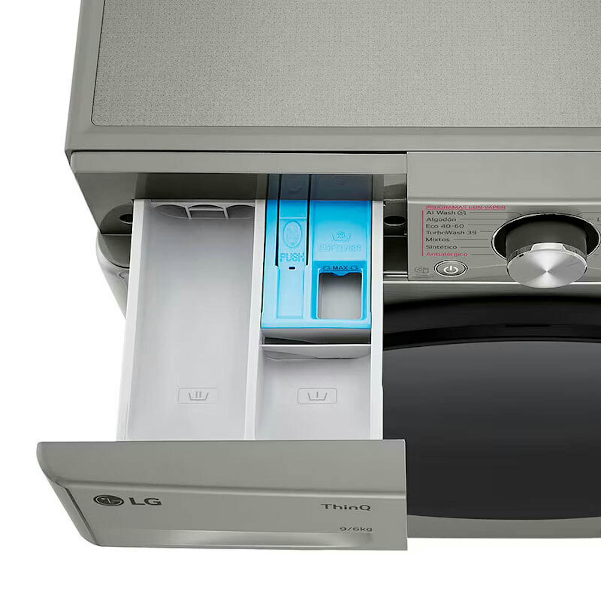 Lavasecadora LG F4DR7009AGS con cajón de detergente y panel de control