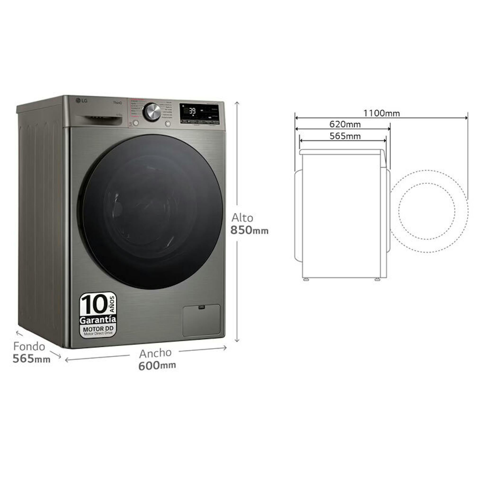 Lavasecadora LG F4DR7009AGS en acero inoxidable con esquema de medidas