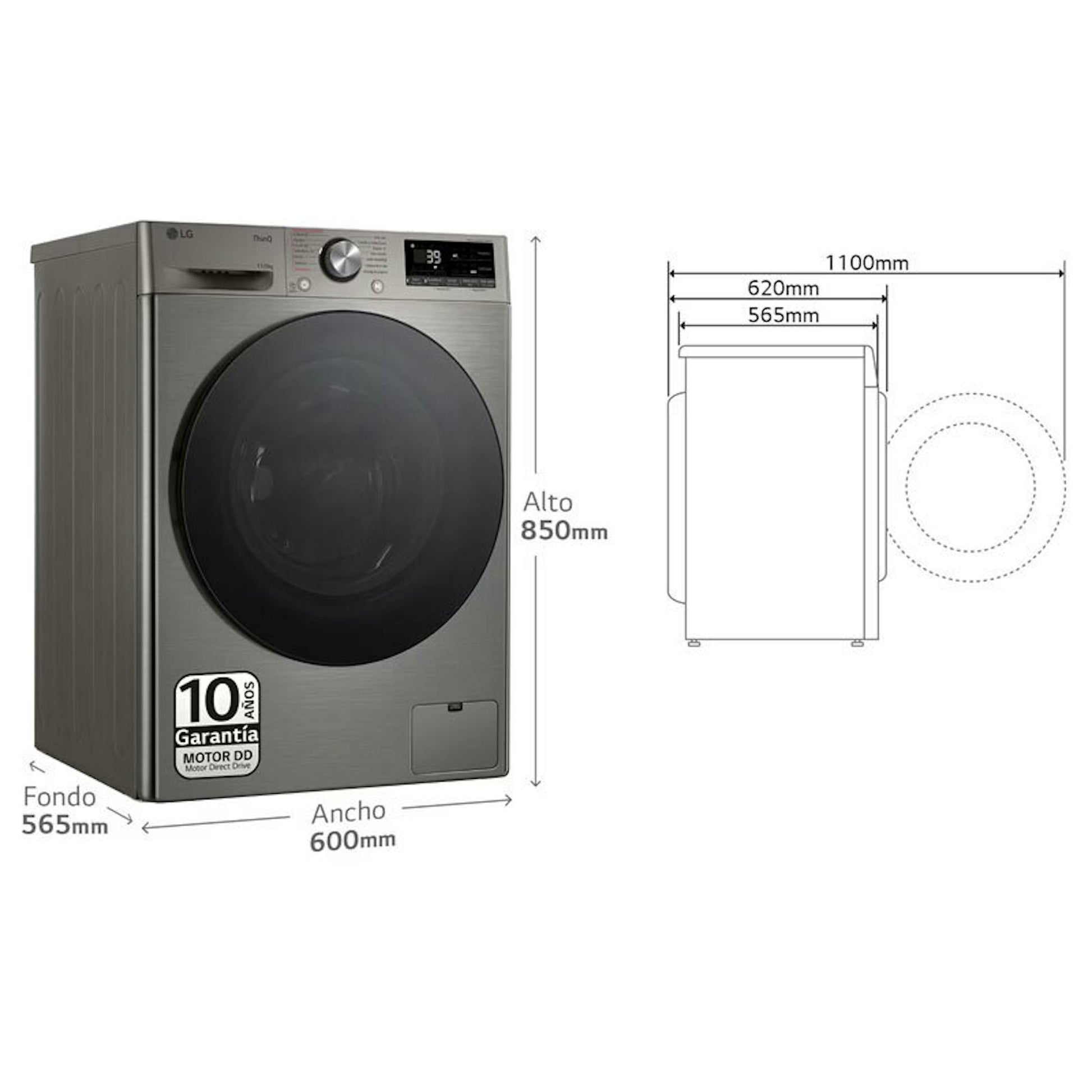 Lavasecadora LG F4DR7011AGS en inox con esquema de medidas