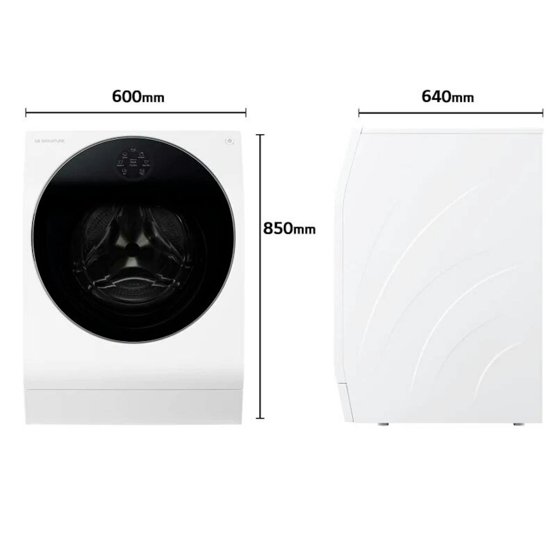 Lavasecadora LG LSWD100E en vista frontal y lateral con medidas
