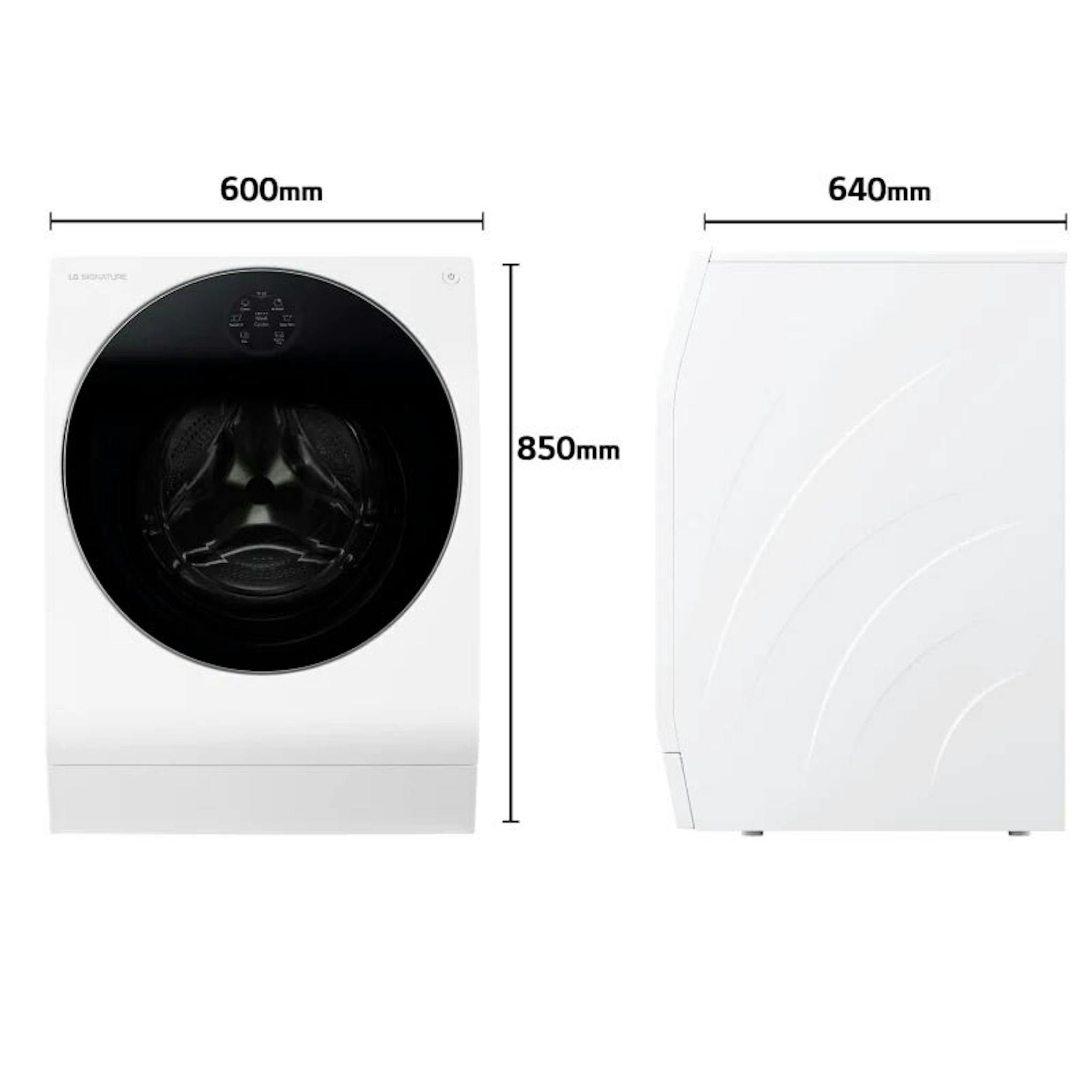 Lavasecadora LG LSWD100E en vista frontal y lateral con medidas