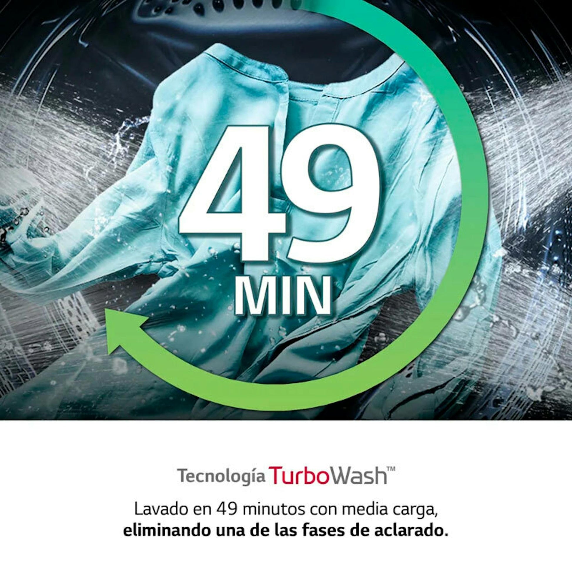 Gráfico promocional de la lavasecadora LG LSWD100E con tecnología TurboWash y lavado en 49 minutos