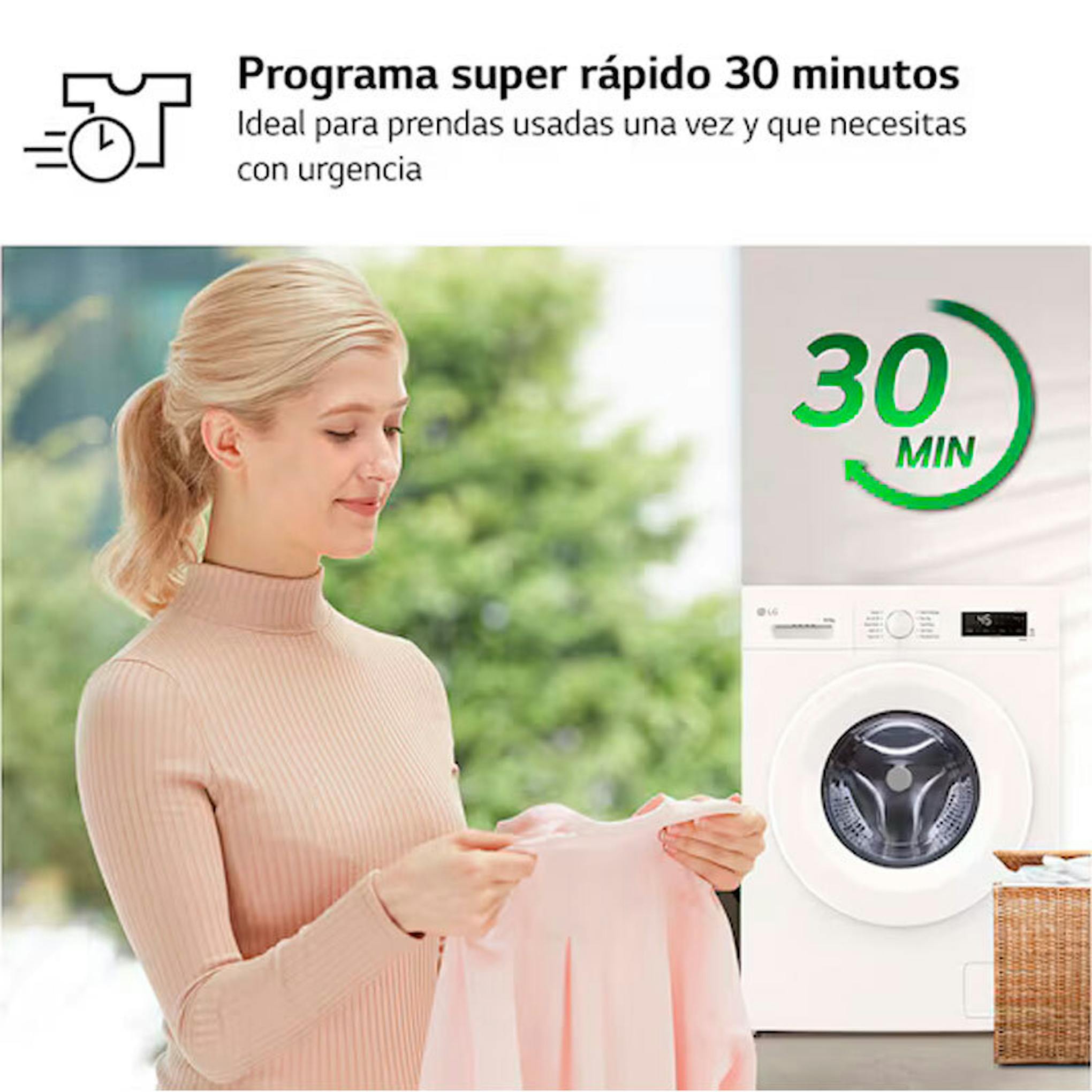 Lavasecadora LG W4X1085NWH en una imagen promocional con programa rápido de 30 minutos