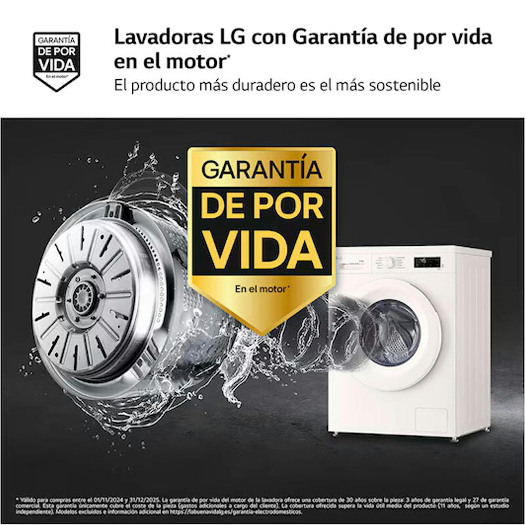 Lavasecadora LG W4X1085NWH en imagen promocional con garantía de por vida del motor