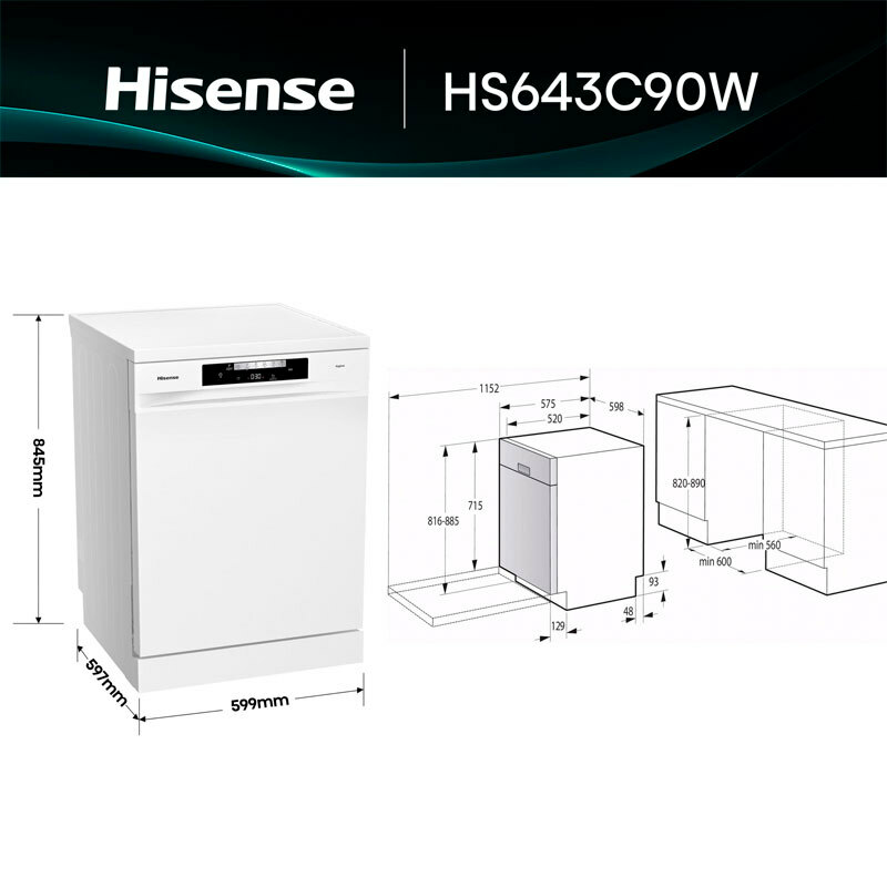 Lavavajillas libre instalación Hisense HS643C90W – 16 servicios, Secado auto, AquaStop