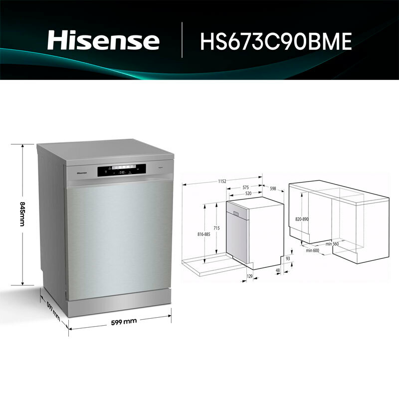Lavavajillas Hisense HS643C90X – 16 servicios, Inox 60 cm, AquaStop