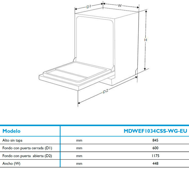 Lavavajillas 45 cm Midea MDWEF1034CSS-WG-EU – 10 servicios, WiFi SmartHome, Media carga