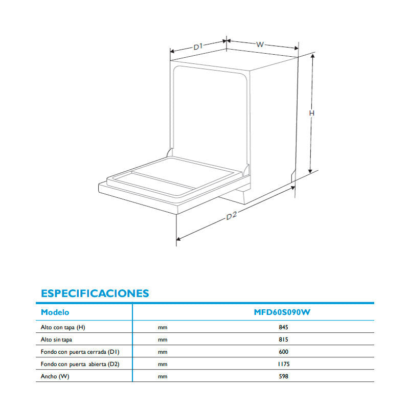 Lavavajillas 60 cm Midea MFD60S090W-ES – 12 servicios, 11 L/ciclo, 52 dB