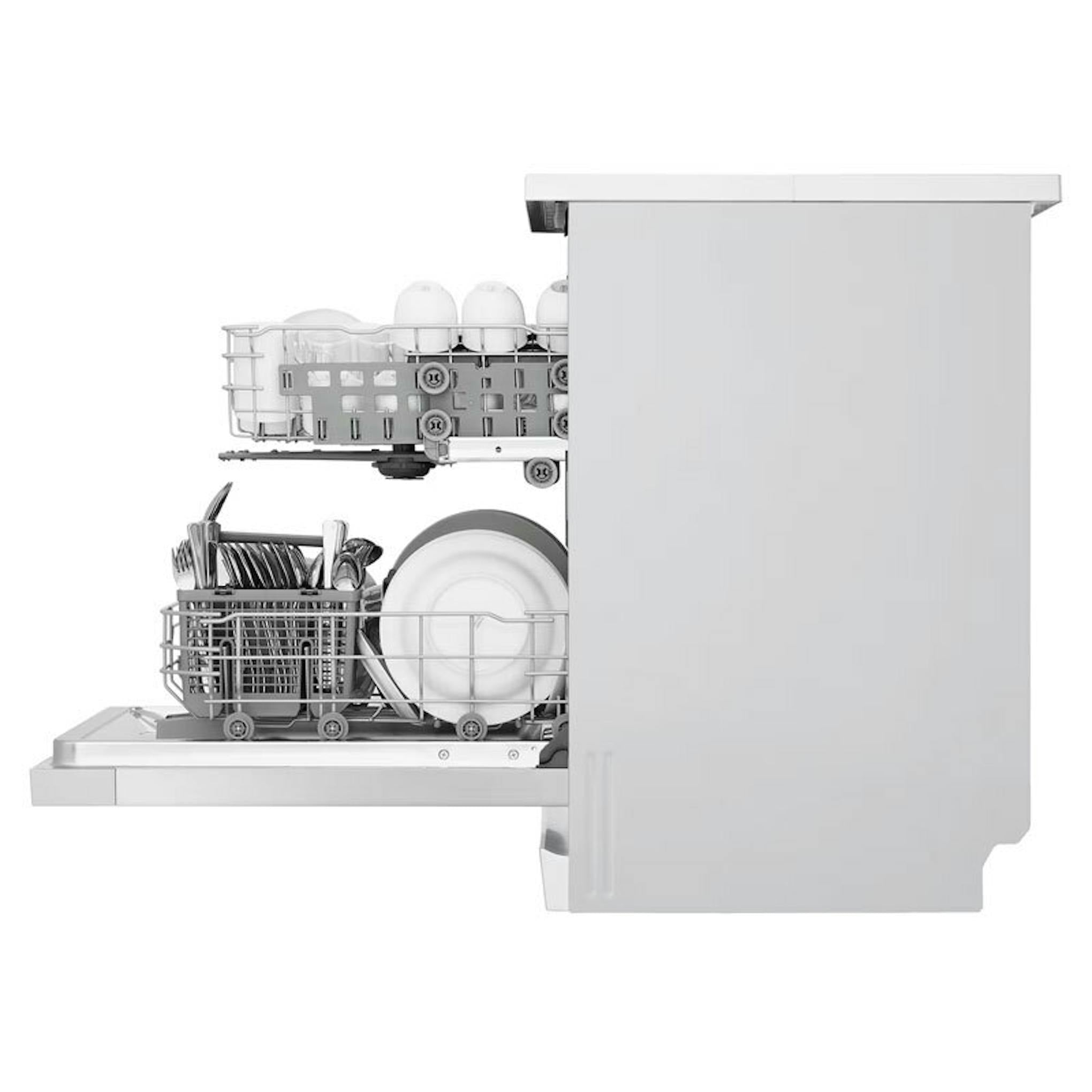 Lavavajillas LG DF142FW blanco con la puerta abierta y cestas interiores visibles
