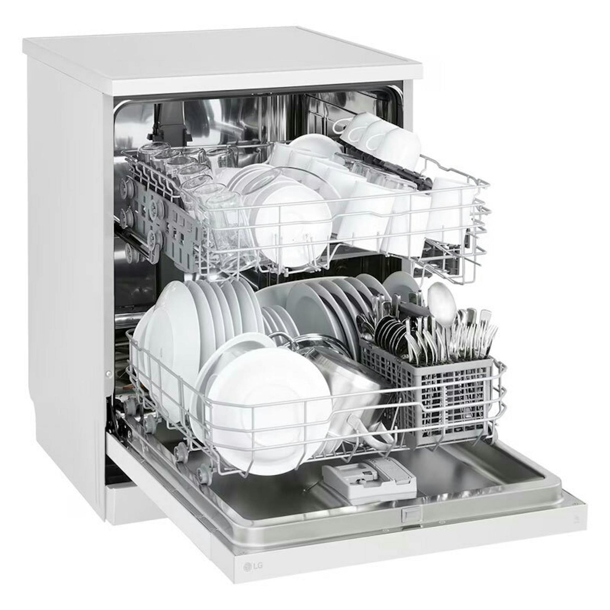 Lavavajillas LG DF142FW blanco de 60 cm con puerta abierta y cestas interiores
