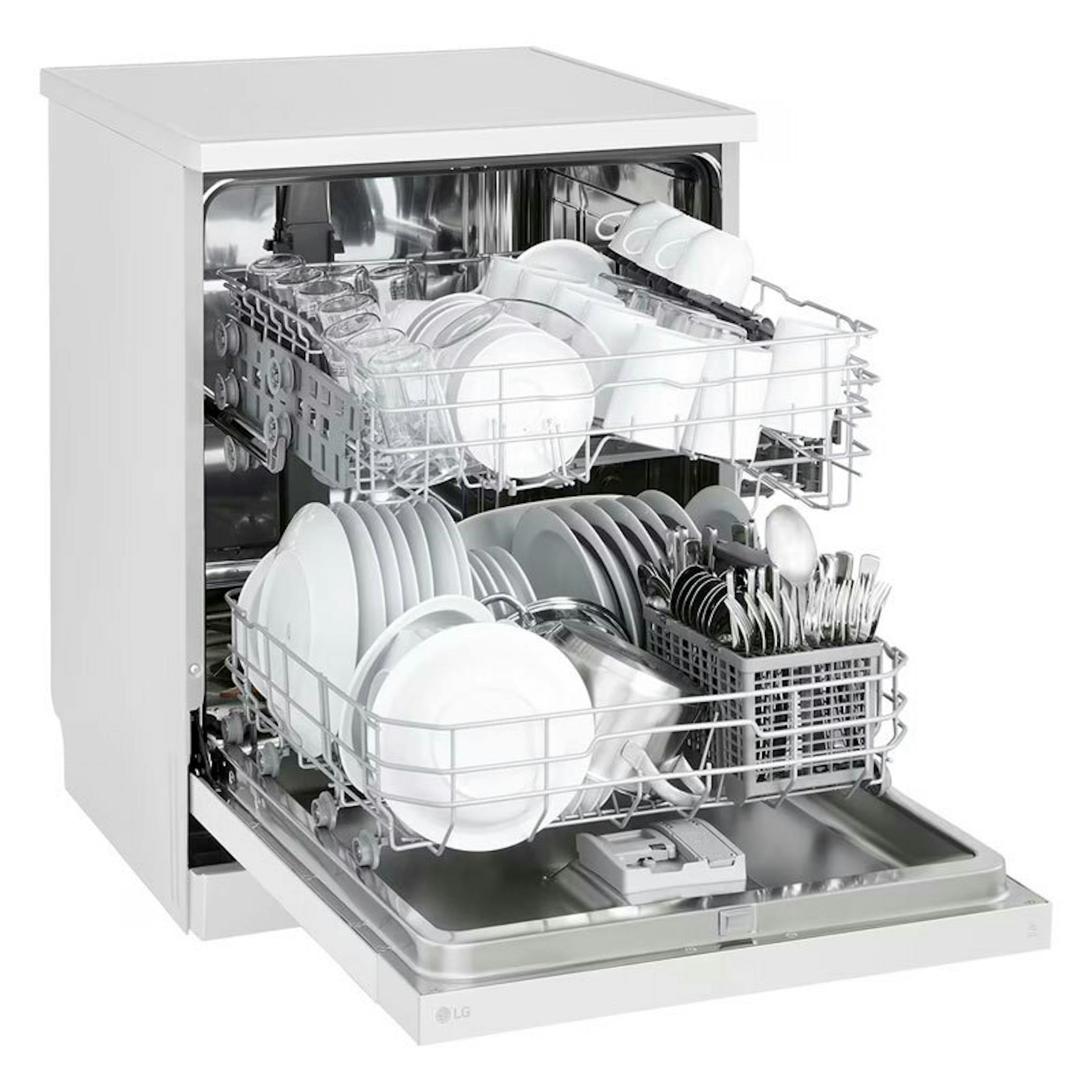 Lavavajillas LG DF142FW blanco de 60 cm con puerta abierta y cestas interiores