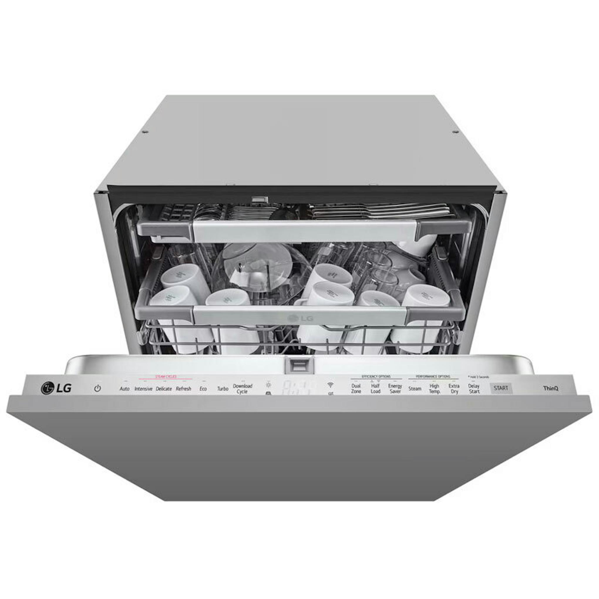 Lavavajillas integrable LG DB476TXS abierto, con cestas y panel de control