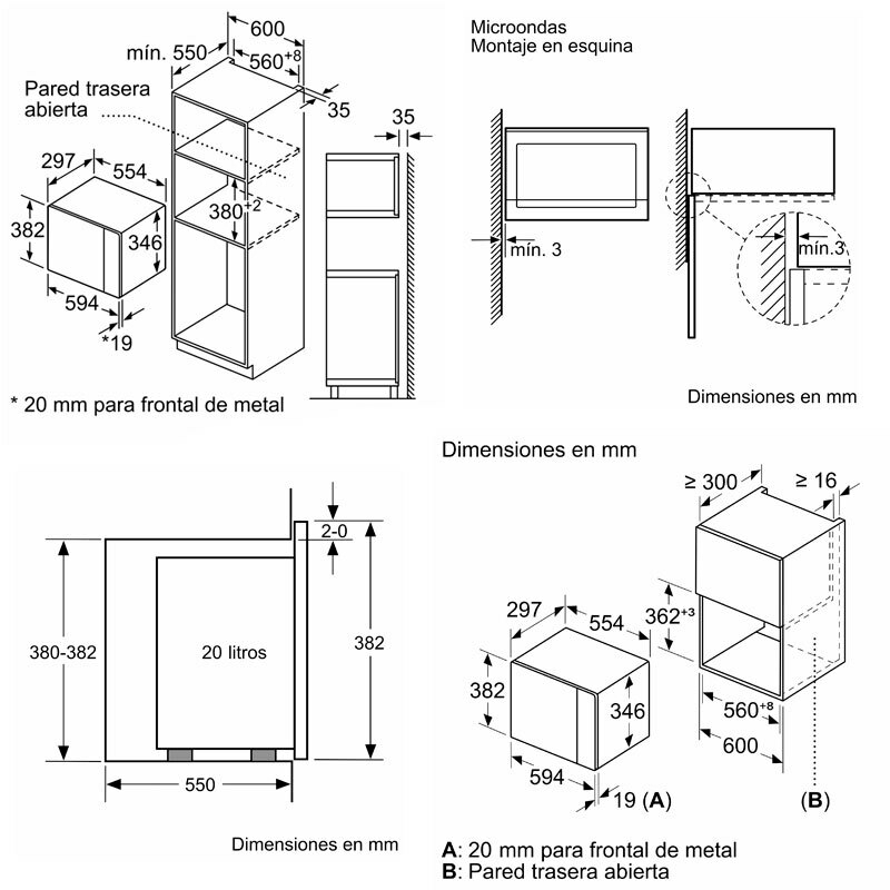 Microondas integrable Bosch BFL524MW0 – 20 L, 800 W, Display LED