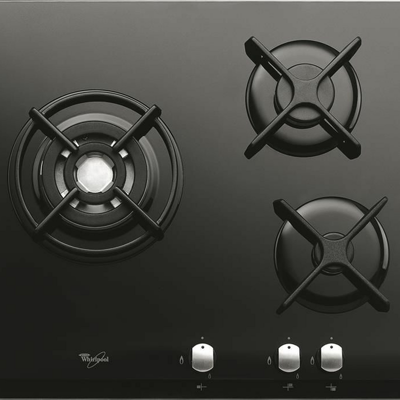 Placa de gas encastrable Whirlpool AKT404/NB – Cristal templado negro, 3 quemadores (Wok), Válvulas de seguridad