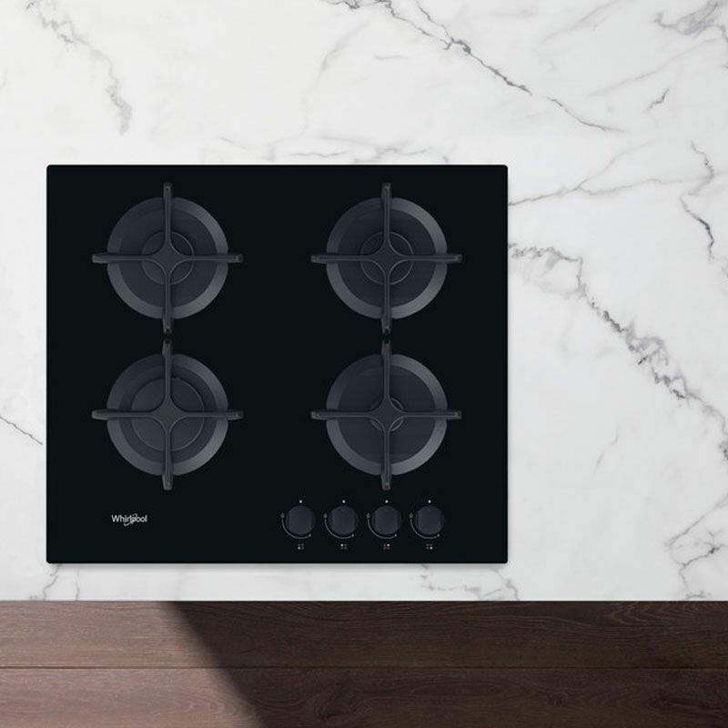 Placa de gas Whirlpool GOB 616/NB – 60 cm, Cristal negro, 4 quemadores