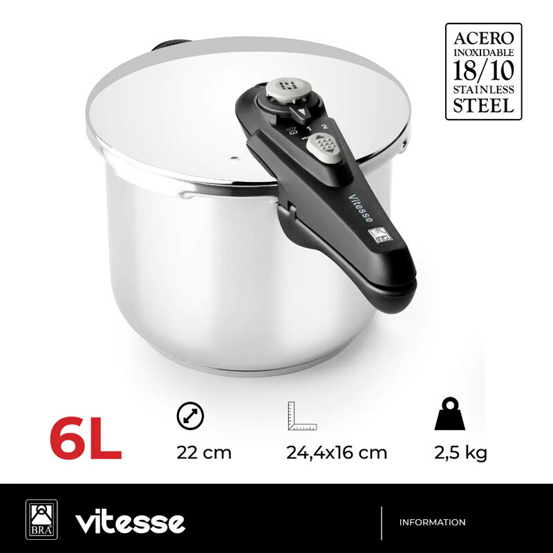 Olla rápida BRA Vitesse (A185102) – 6 L, Acero inoxidable 18/10, Inducción