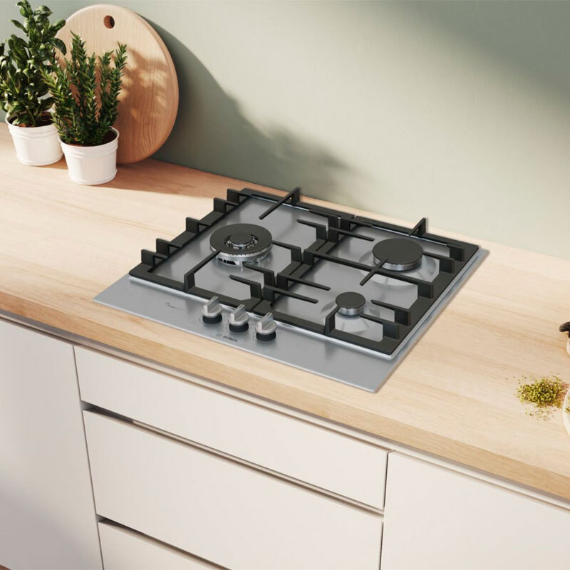 Placa de gas 60 cm Bosch PCC6A5I90 – 3 zonas, FlameSelect 9 niveles, GasStop