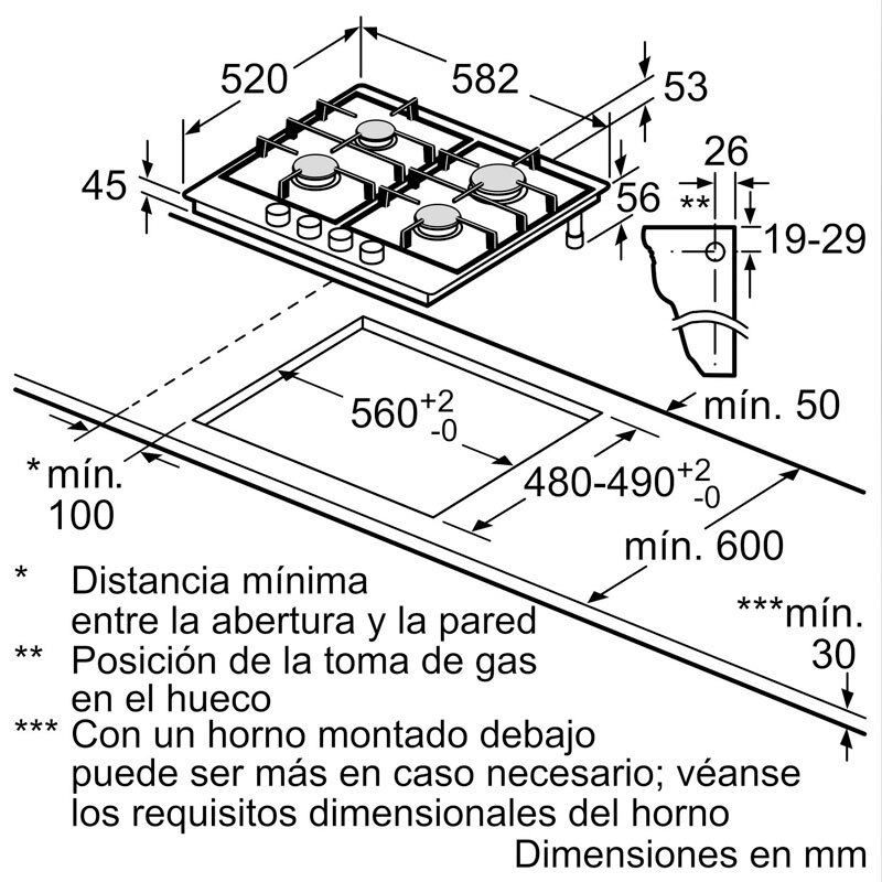 Placa de gas Bosch PCP6A5I90 – 60 cm Inox, 4 quemadores, FlameSelect 9 niveles